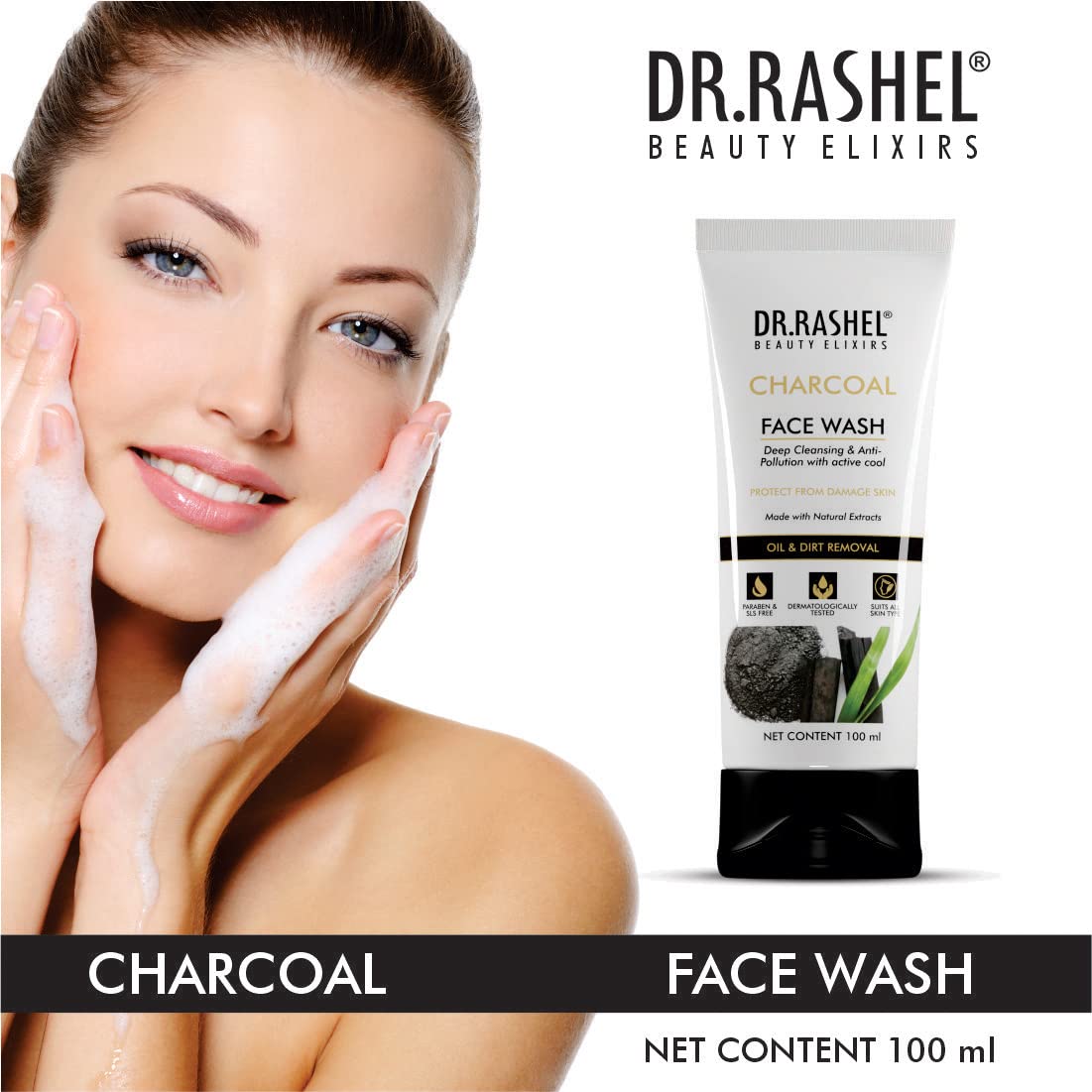 DR.RASHEL Face Wash Natural Extracts Charcoal Facewash Deep Cleansing & Helps Reduce Dirt and Oil Suitable For All Skin Types -Pack of 2(100 ML) Each