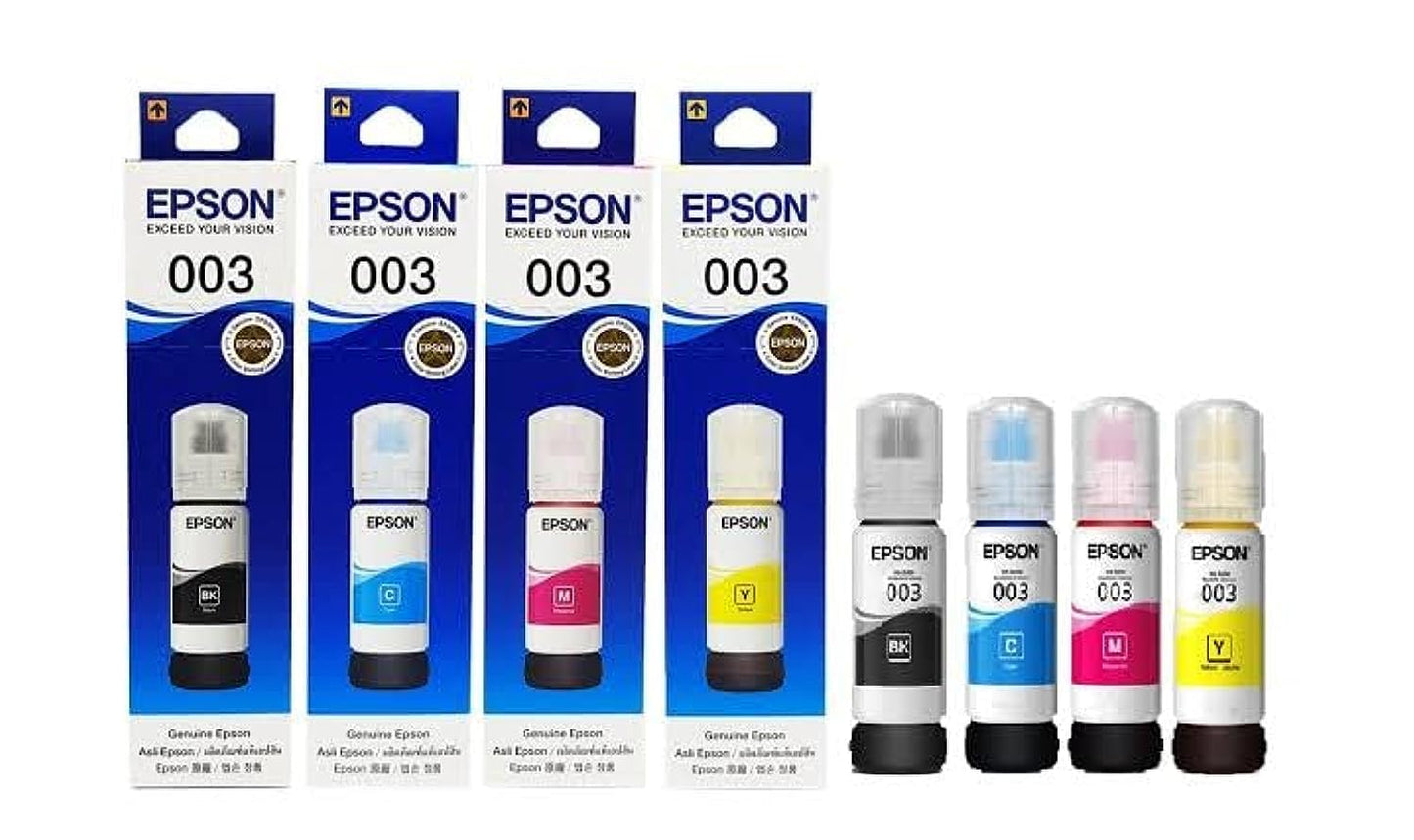 Epson 003 Ink 65ml Black, Cyan, Magenta, Yellow for (L3110, L3150) Tri-Color Ink Bottle (Pack of 4)