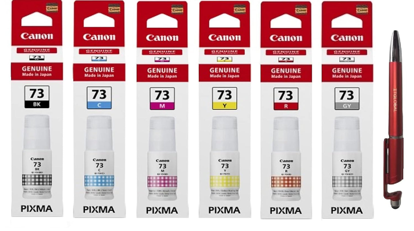 Canon 73 B/C/Y/M/R/GR Ink Bottles with Retail Market 3in1 Multi-Function Mobile Phone Stand, Stylus Pen, Anti-Metal Texture Rotating Ballpoint Pen (Very Colors) GI-73 Gi 73 Gi73