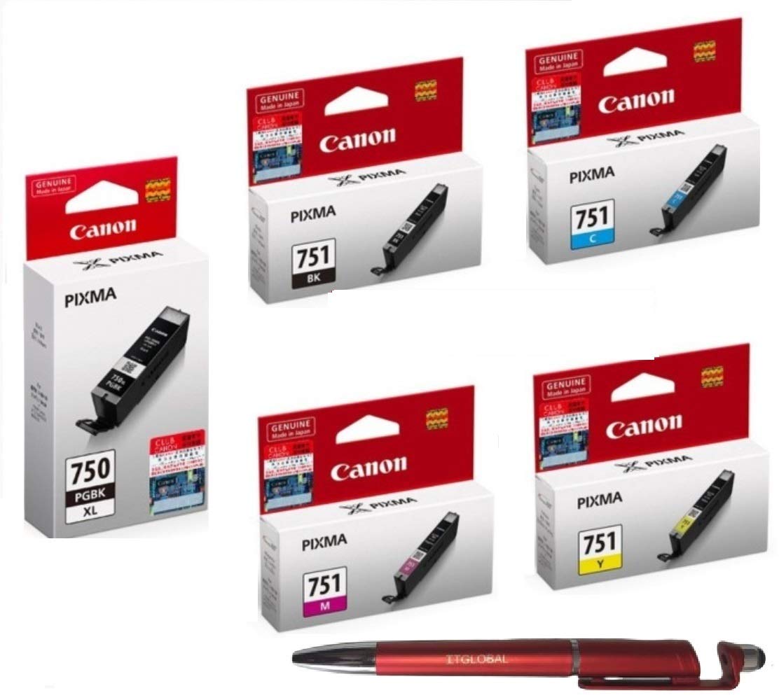 Canon 750XL & 751 Colour B/C/Y/M Ink Cartridge with 3in1 Multi-Function Mobile Phone Stand, Stylus Pen, Anti-Metal Texture Rotating Ballpoint Pen (Very Colors) PGI 750XL CLI 751