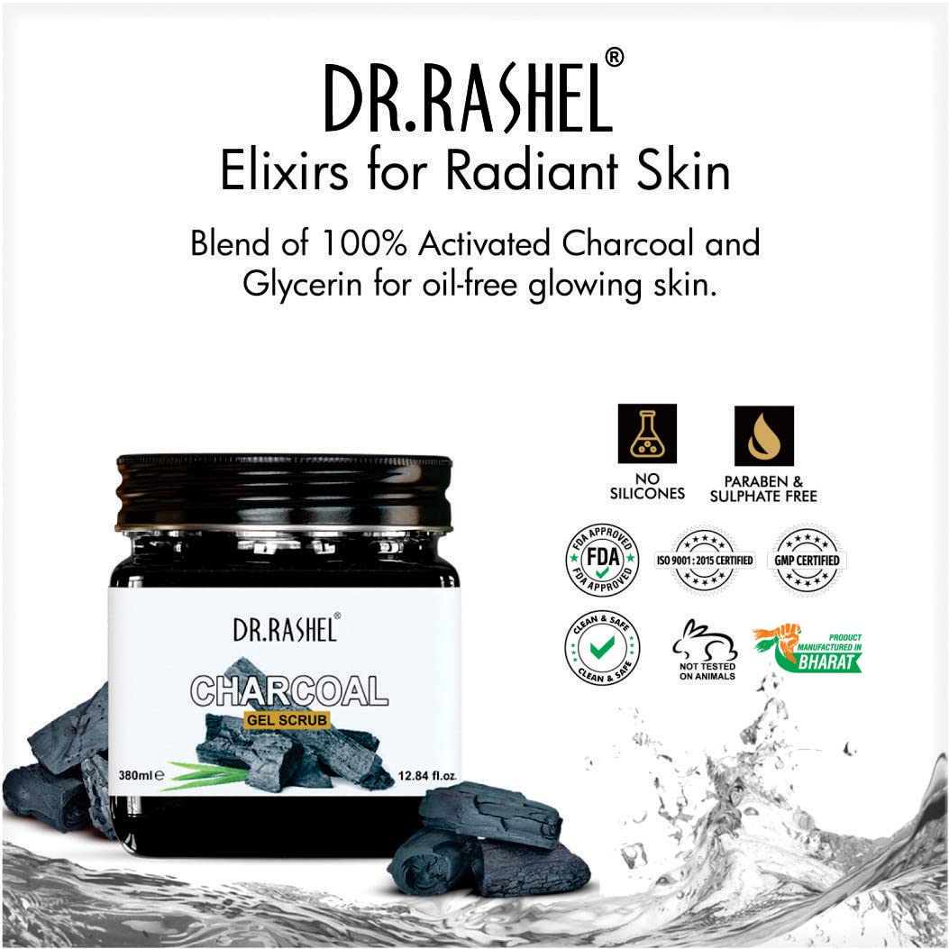 DR.RASHEL Charcoal Gel Face & Body Scrub For Men and Women (380 Ml) | All Skin |Cleanser Scrub For Deep Exfoliation | Dead Skin Remover | Tan Removal | Blackhead Remover