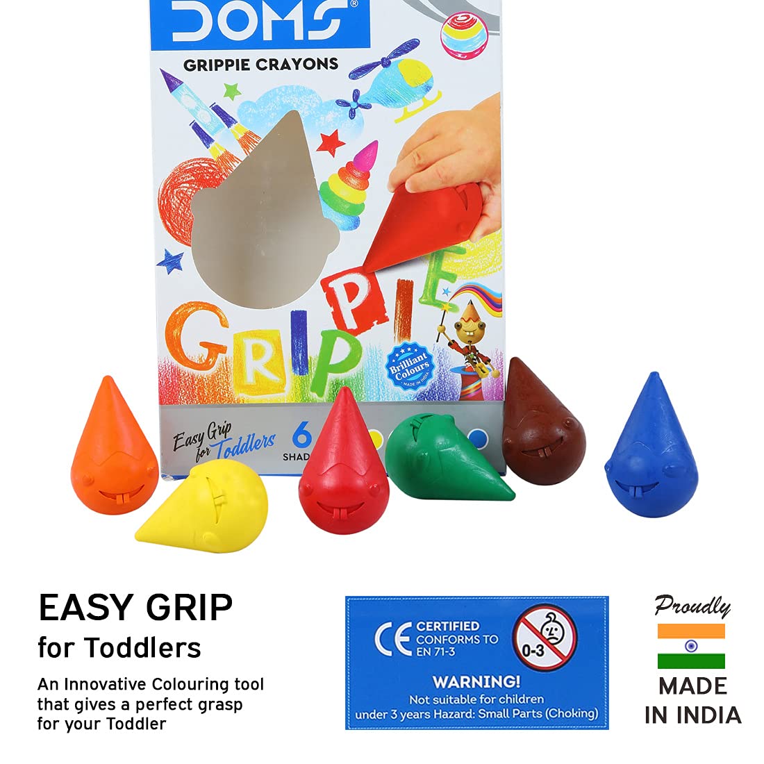 Doms 6 Shades Grippie Crayons Box Pack | Easy Grip For Toddlers | Bright & Intense Colors | Non Toxic Colouring Range, Safe For Children | Pack of 1