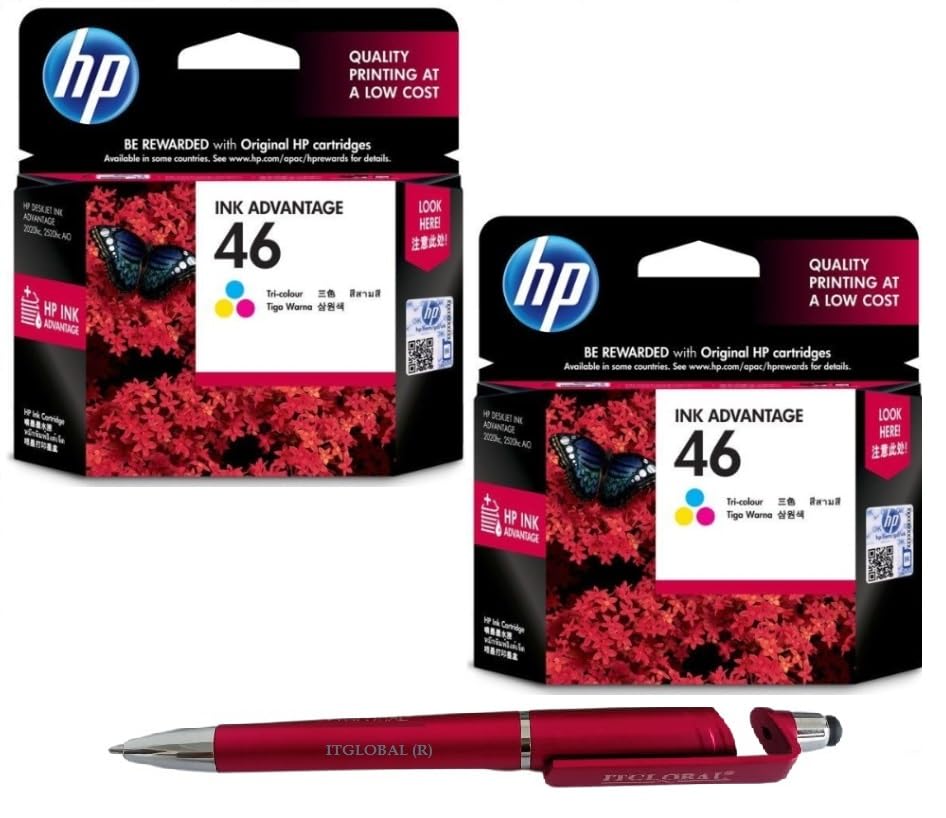 HP 46 Twin Ink Cartridge (Colour) (Set of 2) with 3in1 Multi-Function Mobile Phone Stand, Stylus Pen, Anti-Metal Rotating Ballpoint Pen (Very Colors)