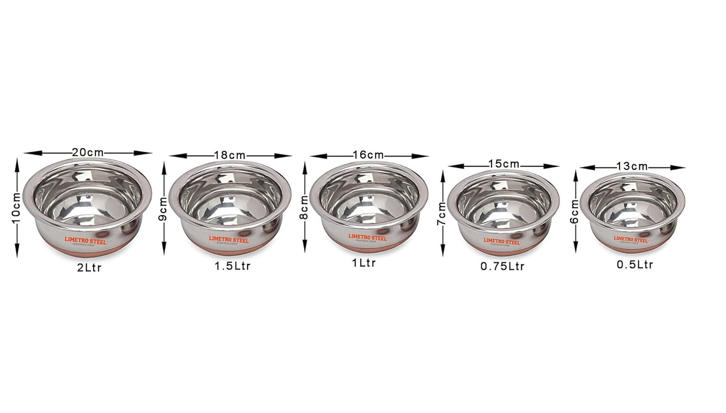 LiMETRO STEEL Set of 5 Copper Bottom Stainless Steel Handi Set/Cookware Set with Lid (5 Pieces, Capacity : 0.5 LTR, 0.75 LTR, 1 LTR, 1.5 LTR, 2 LTR) (Copper), Silver…