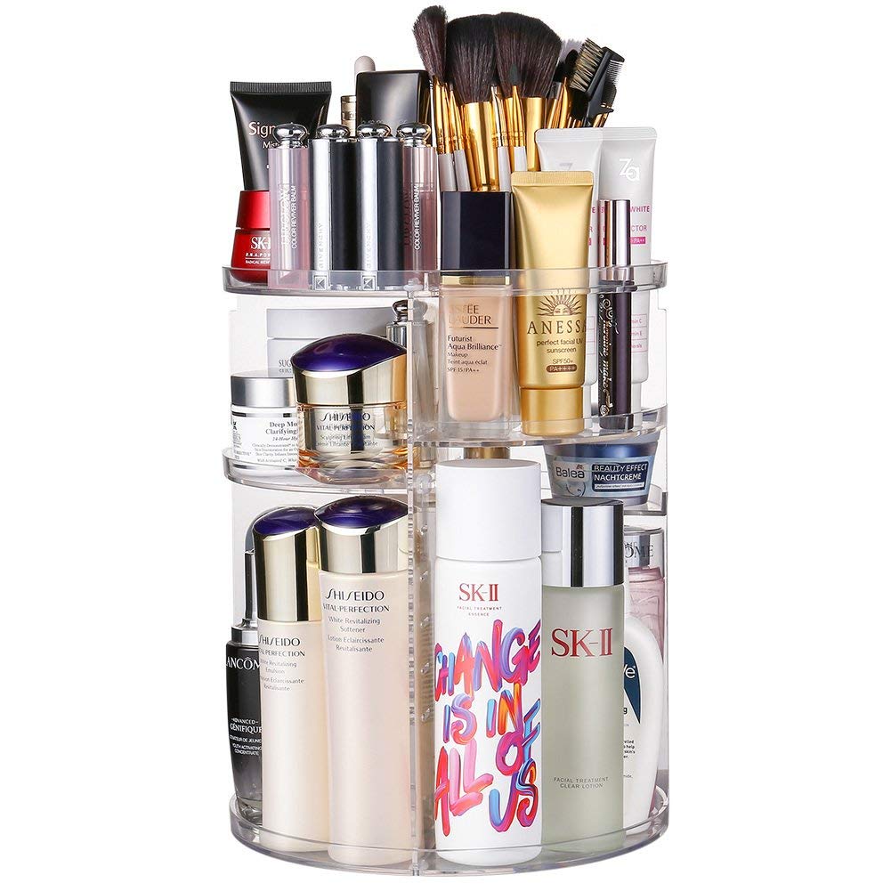 INOVERA (LABEL) Cosmetic Makeup Organizer for Women, Bride & Girls - 360 Rotating Storage Organiser Box - Dressing table Vanity Case Holder for Lipsticks, Skincare Kit & Brushes Set - Transparent