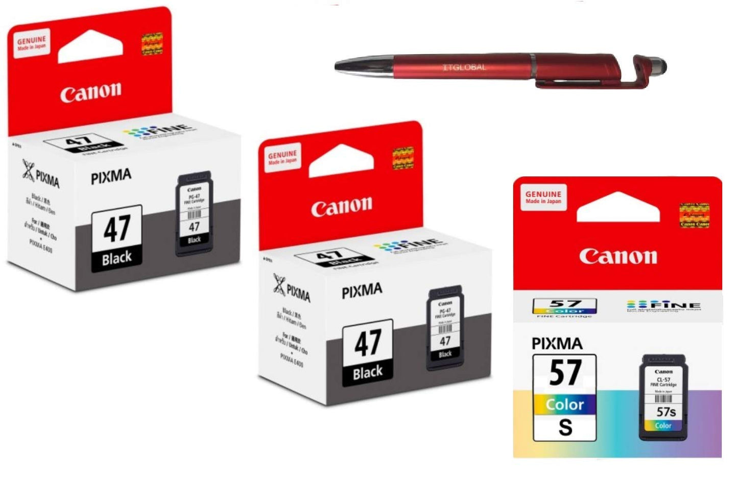 Canon PG 47 Twin & CL 57 Small Ink Cartridge E400 E410 E417 E460 E470 E477 E480 E3170 E3177 E4270 with Retail Market 3in1 Multi-Function Mobile Phone Stand, Stylus, Ballpoint Pen