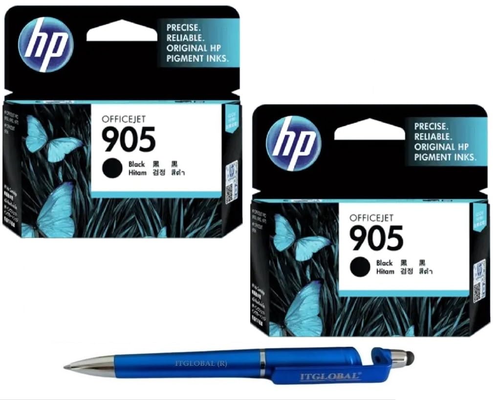 HP 905 Ink Cartridge (Black) Twin (Set of 2) with 3in1 Multi-Function Mobile Phone Stand, Stylus Pen, Anti-Metal Rotating Ballpoint Pen (Very Colors)