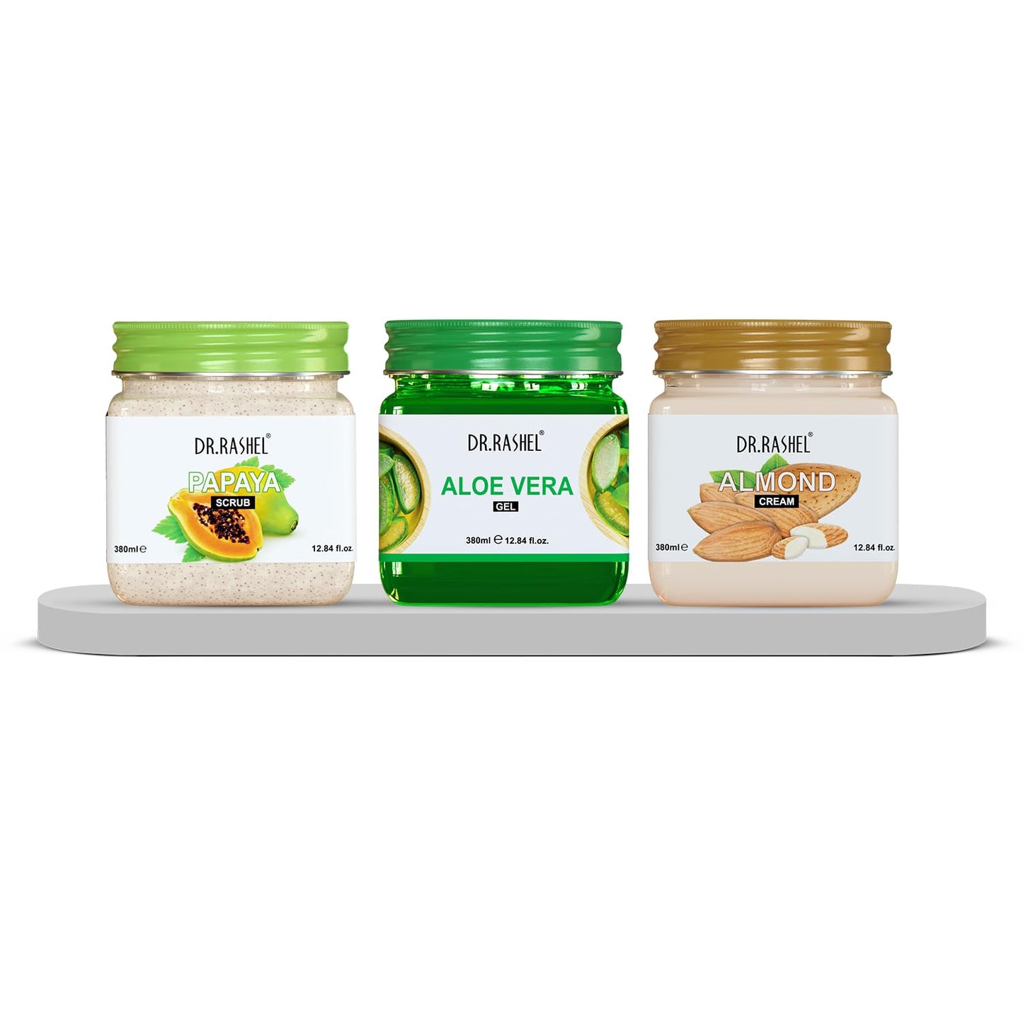 DR.RASHEL Papaya Scrub, Aloe Vera Gel & Almond Cream For Face & Body (380 Ml Each) Pack of 3
