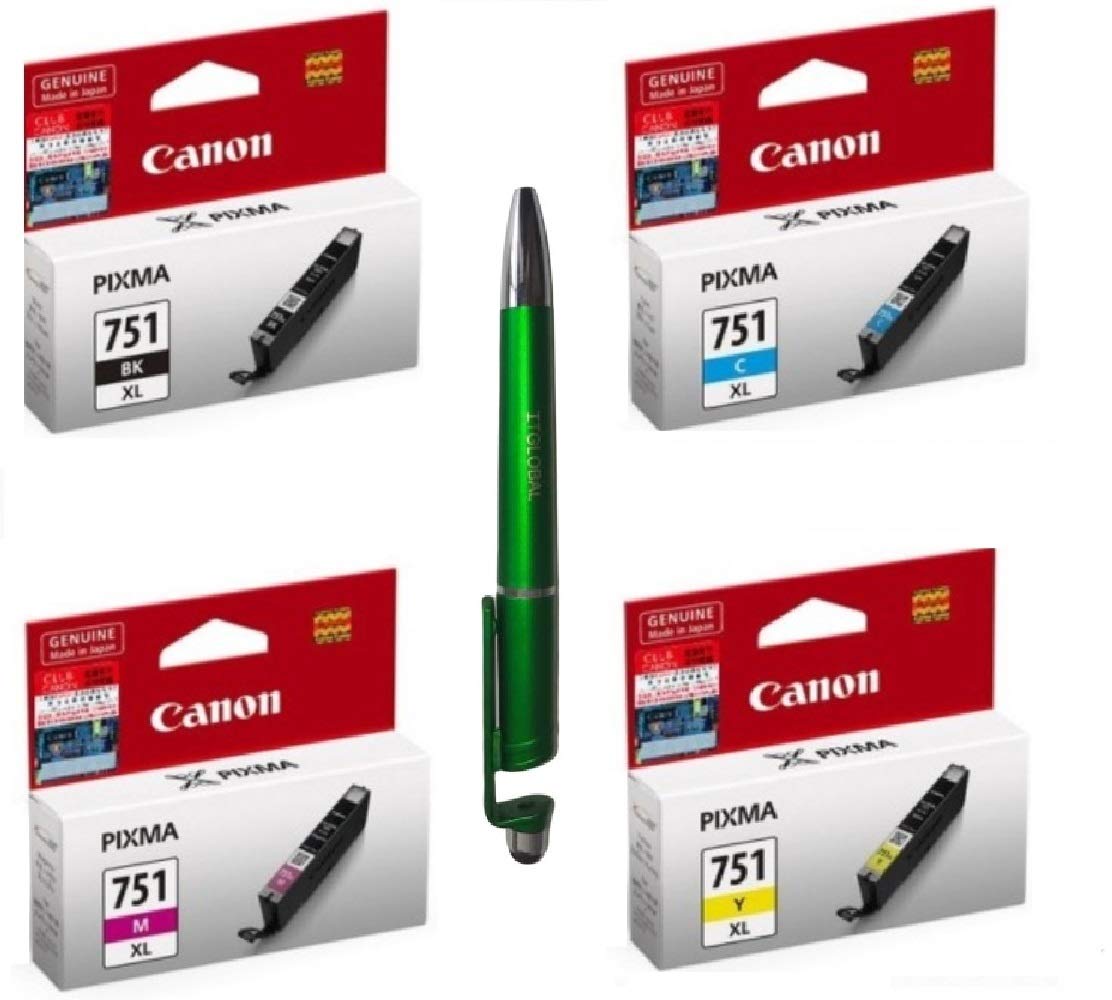 Canon 751XL B/C/Y/M Ink Cartridge with 3in1 Multi-Function Mobile Phone Stand Stylus Pen Anti-Metal Texture Rotating Ballpoint Pen (Very Colors)