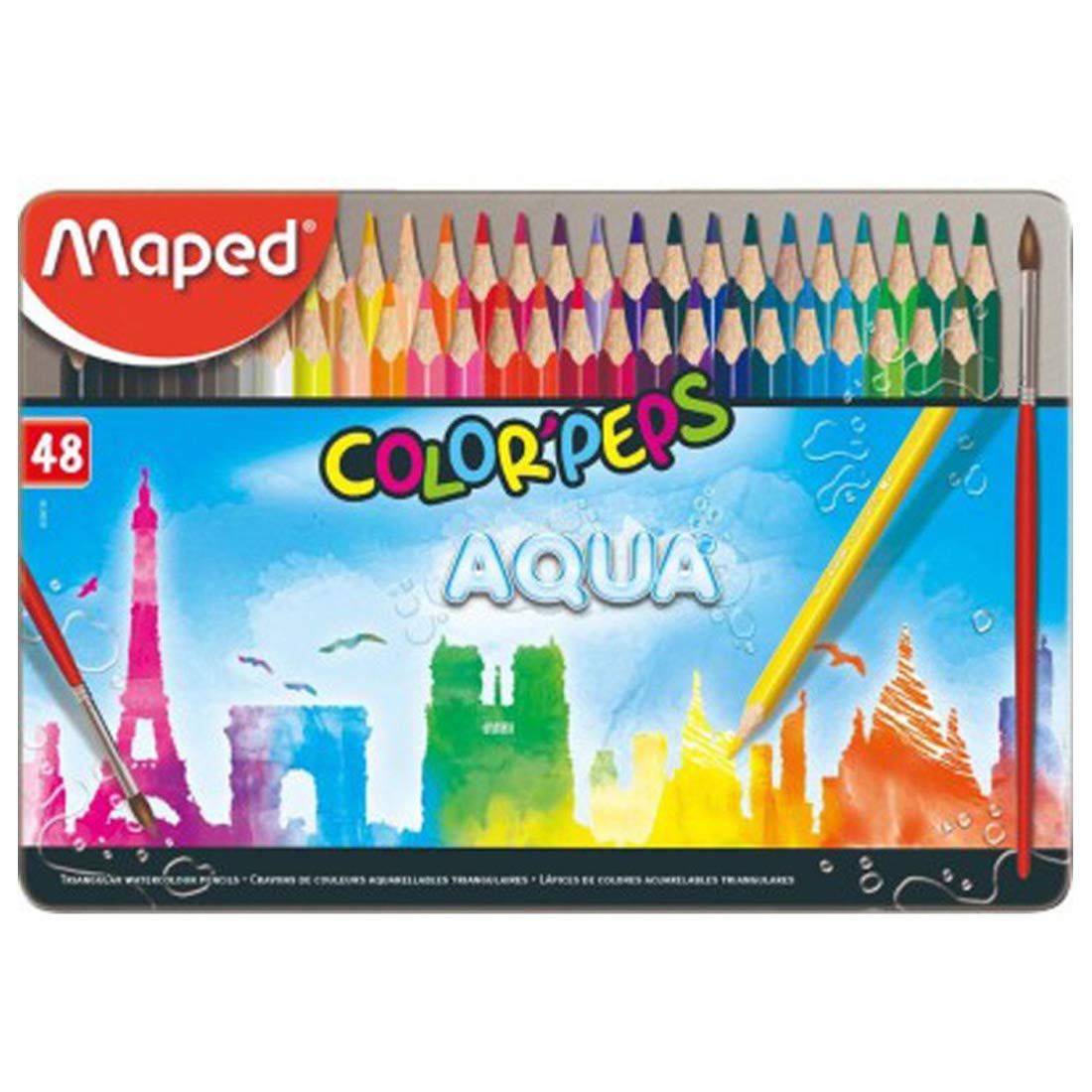 Maped 48 Shades Aqua Colour Pencils| water colour effect| Colour Pencils| Rich texture for even effect |Triangular Shape | Non Toxic and Kids Safe| Water Colour Pencils + 1 Brush