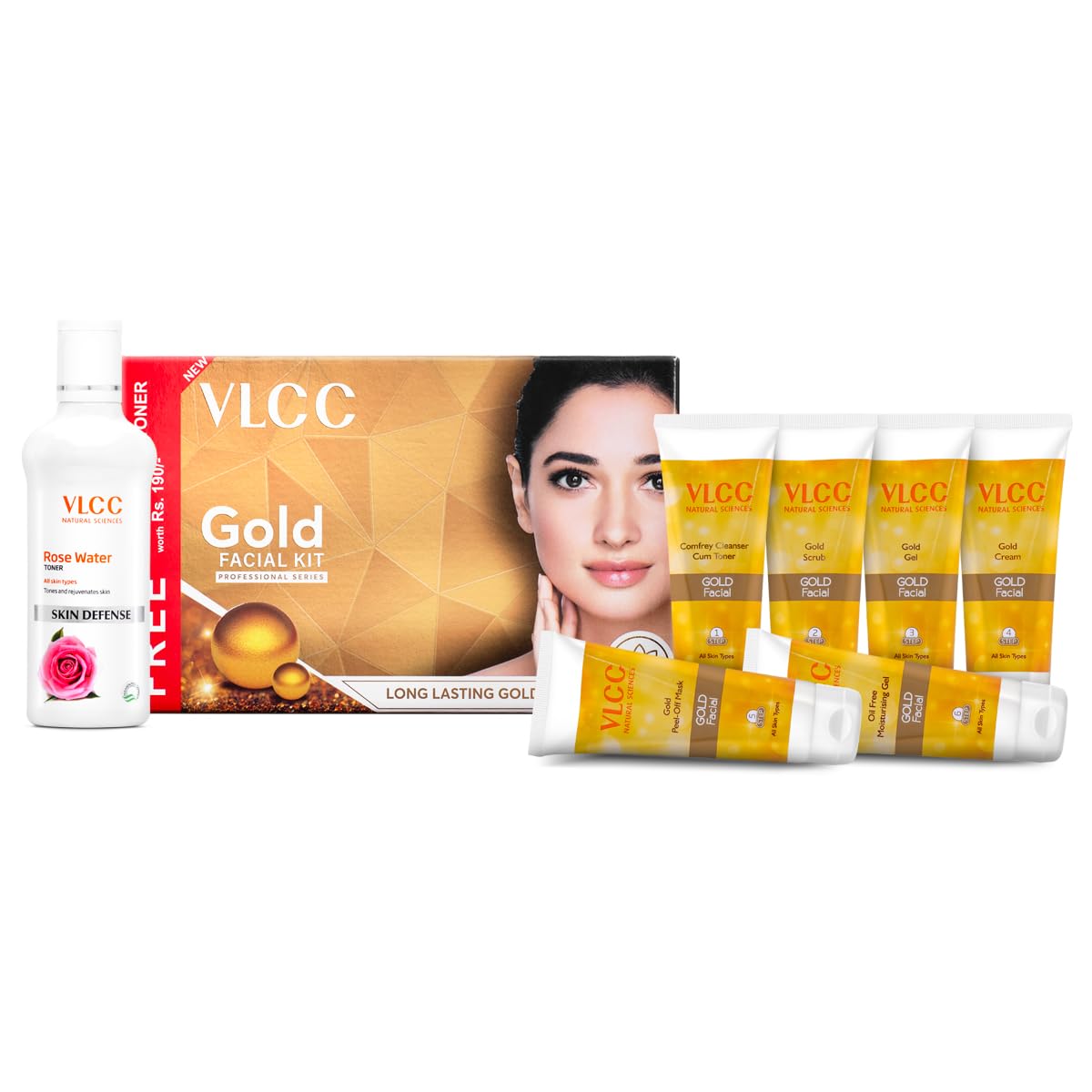 VLCC Gold Facial Kit with FREE Rose Water Toner - 300g + 100ml | 24K Colloidal Gold And Aloe Vera At Home Facial Kit | Bright & Radiant Complexion, Skin Cell Regeneration | Instant Glow Facial.