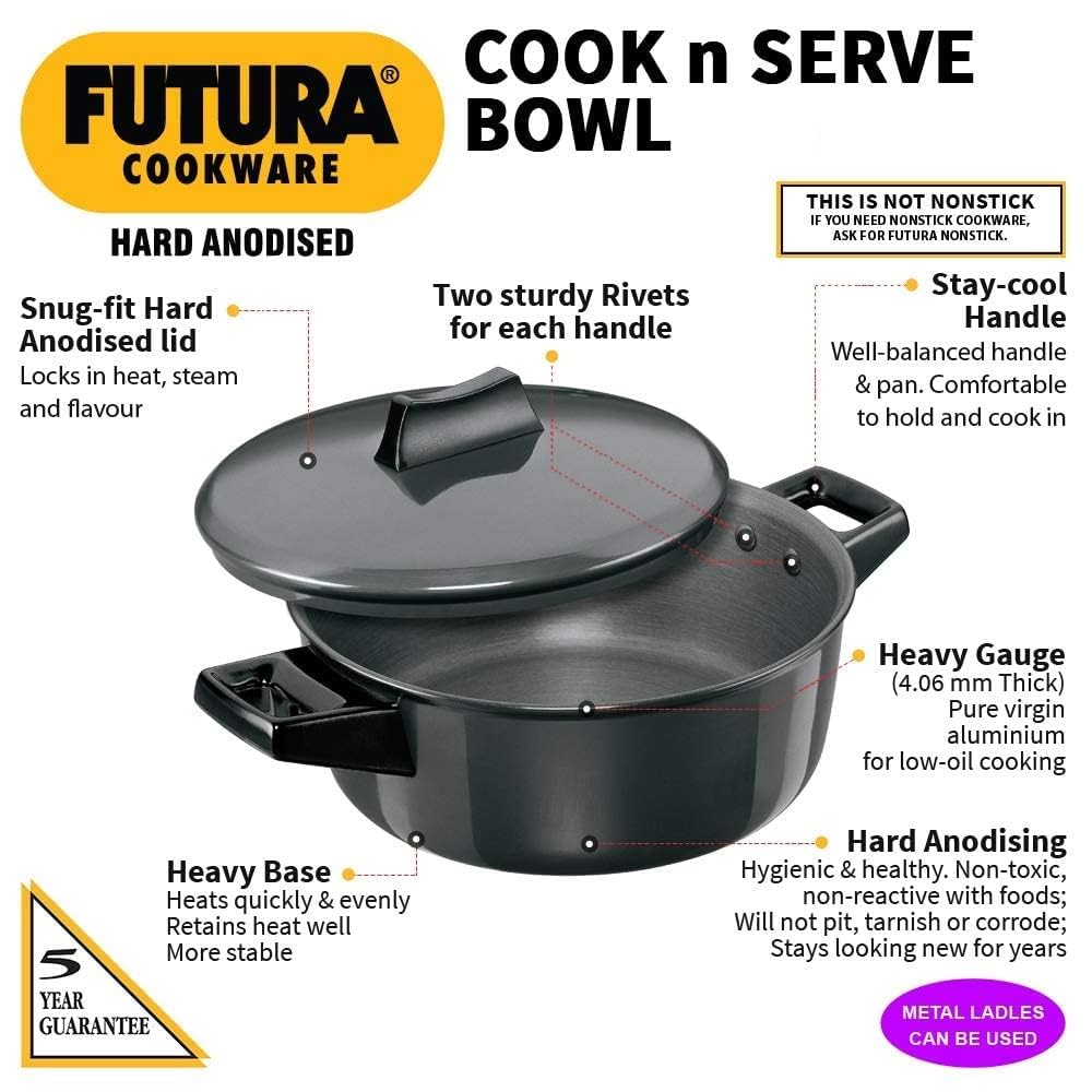 Hawkins Futura Hard Anodised Aluminum Cook-N-Serve Bowl with Lid, 3 Pcs Set, Black (2,4 and 5 Litre)