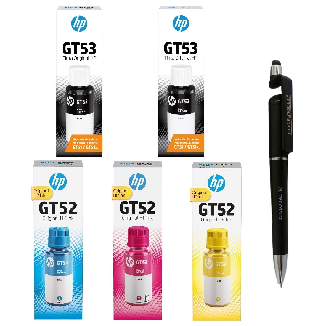 HP GT53 Black Twin & GT52 C/M/Y Ink Bottle (Set of 5) with 3in1 Multi-Function Mobile Phone Stand, Stylus Pen, Anti-Metal Rotating Ballpoint Pen
