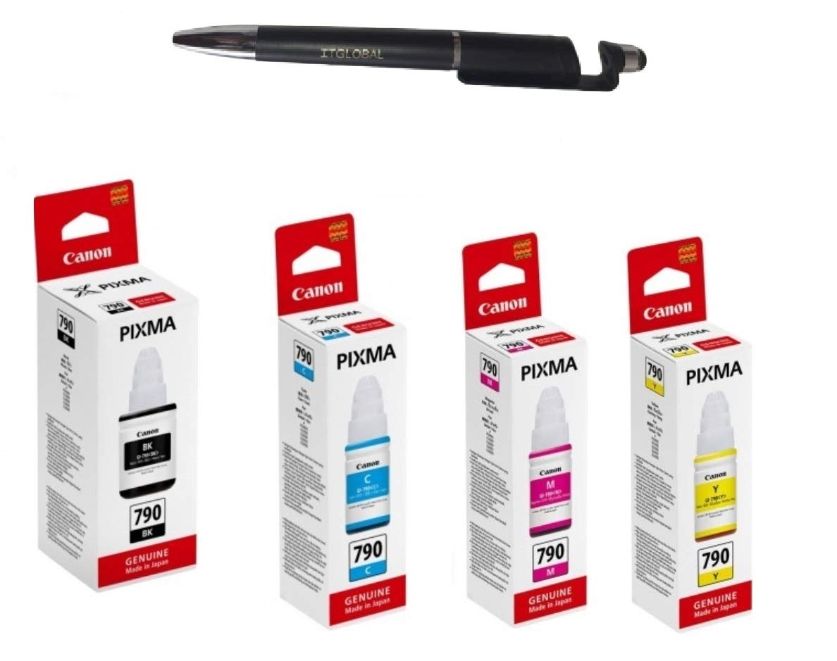 Canon GI 790 B/C/Y/M Ink Bottles G1000 G1010 G2000 G2010 G3000 G3010 G4000 G4010 with Retail Market 3in1 Multi-Function Mobile Phone Stand, Stylus Pen, Rotating Ballpoint Pen