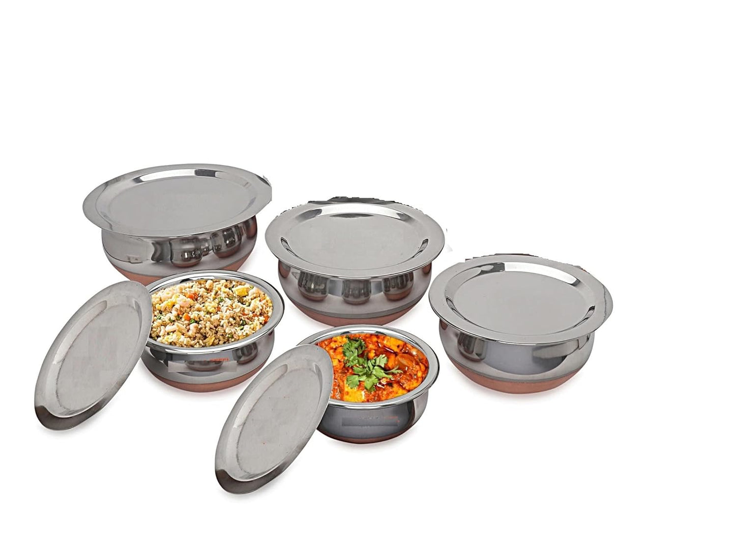 LiMETRO STEEL Set of 5 Copper Bottom Stainless Steel Handi Set/Cookware Set with Lid (5 Pieces, Capacity : 0.5 LTR, 0.75 LTR, 1 LTR, 1.5 LTR, 2 LTR) (Copper), Silver…