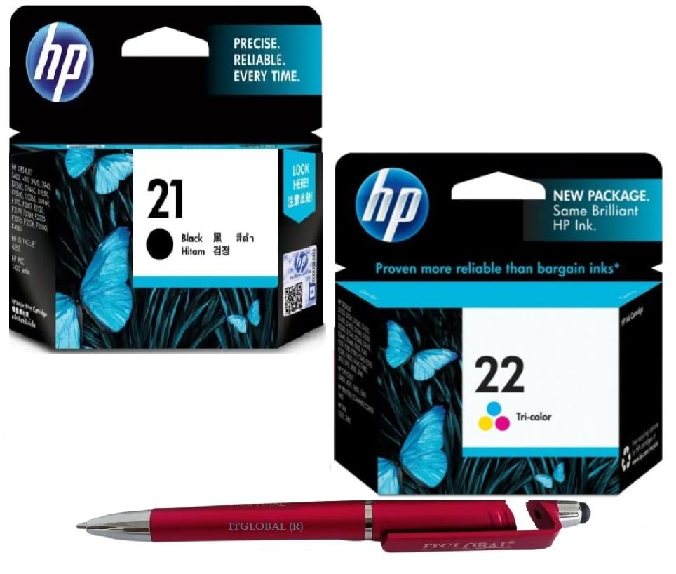 HP 21 Black & 22 Colour Ink Cartridge (Set of 2) with 3in1 Multi-Function Mobile Phone Stand, Stylus Pen, Anti-Metal Texture Rotating Ballpoint Pen (Very Colors)