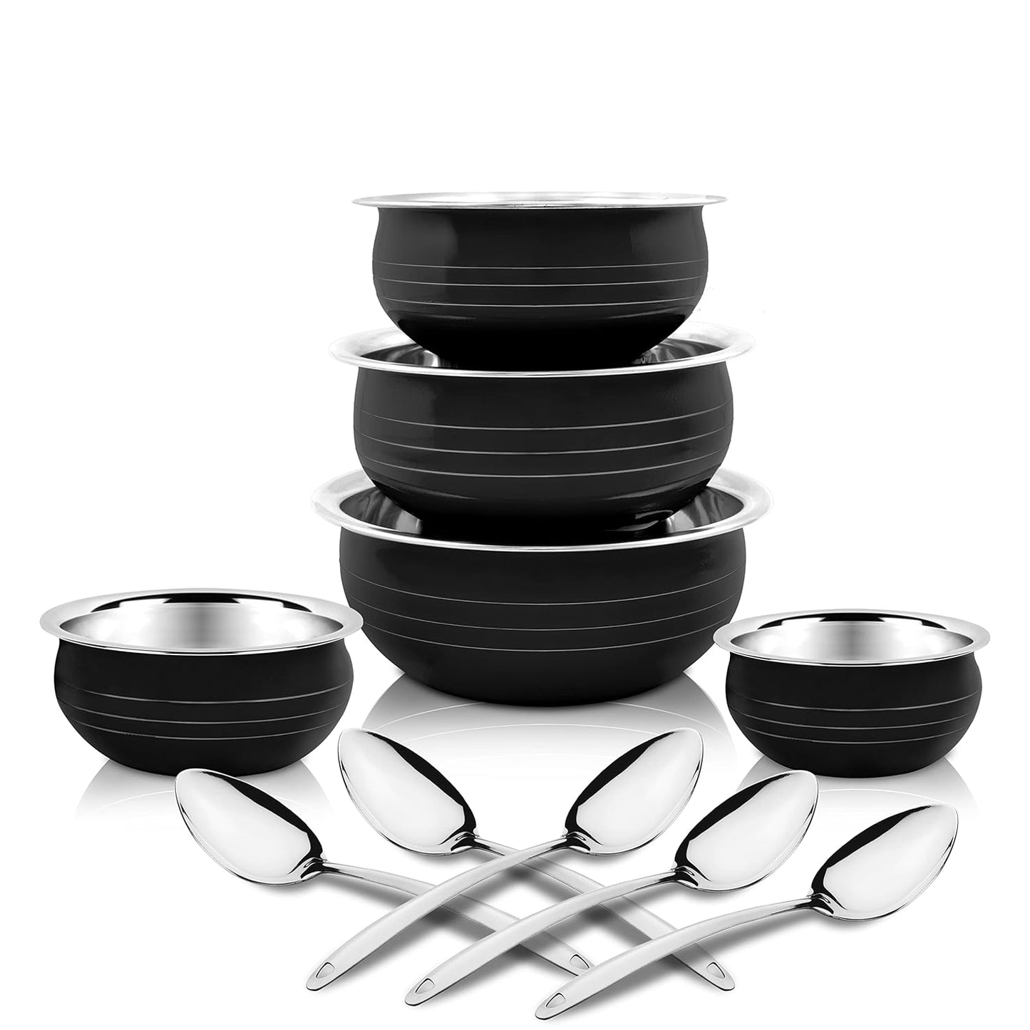 Classic Essentials Patila Set with Serving Spoon | Biryani Cook & Serve | Kitchen Cookware Set | Induction Cookware Set Stainless Steel (300ml, 550ml, 750ml, 1100, 1500ml (Black)