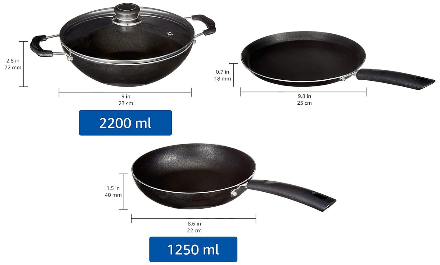 Solimo 3 Pcs Non Stick Cookware Set - Aluminium, Black