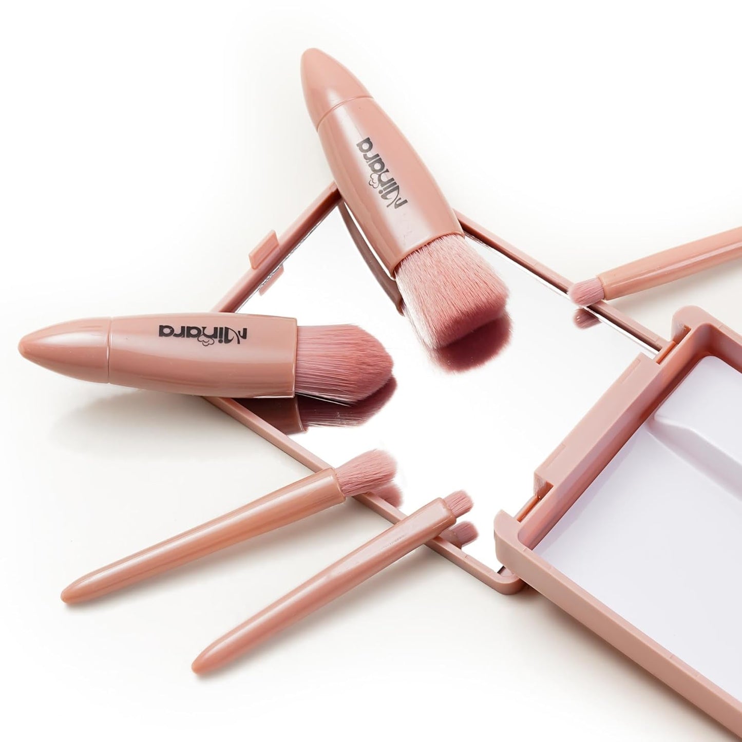 Minara Travel Friendly Makeup Brush Applicator Set Of 5 Box With Mirror (Nude) | Makeup Pouch For Women | Stylish Makeup Brush Set