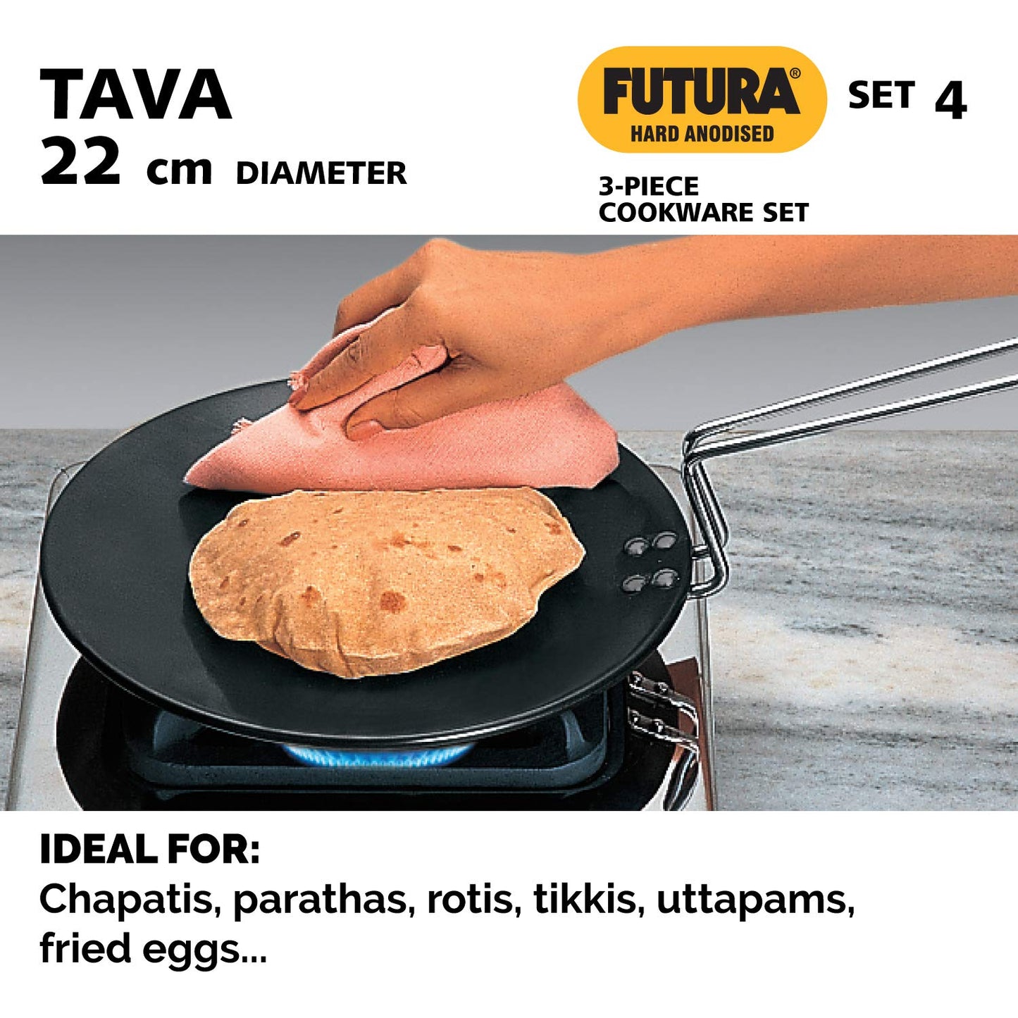 Hawkins Futura 3 Pieces Cookware Set 4 - Hard Anodised Tava, Kadhai, Cook-n-Serve Bowl with One Hard Anodised Lid, Black (ASET4)