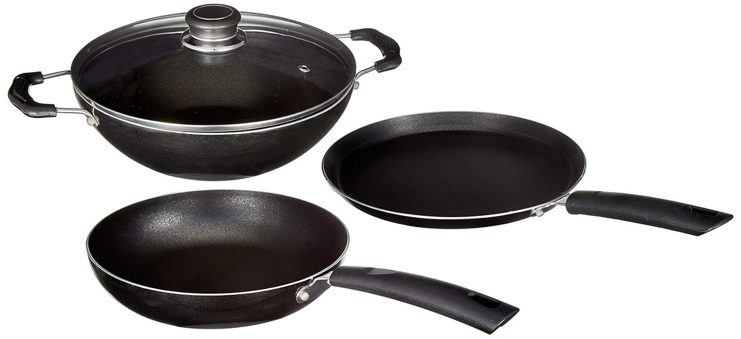 Solimo 3 Pcs Non Stick Cookware Set - Aluminium, Black