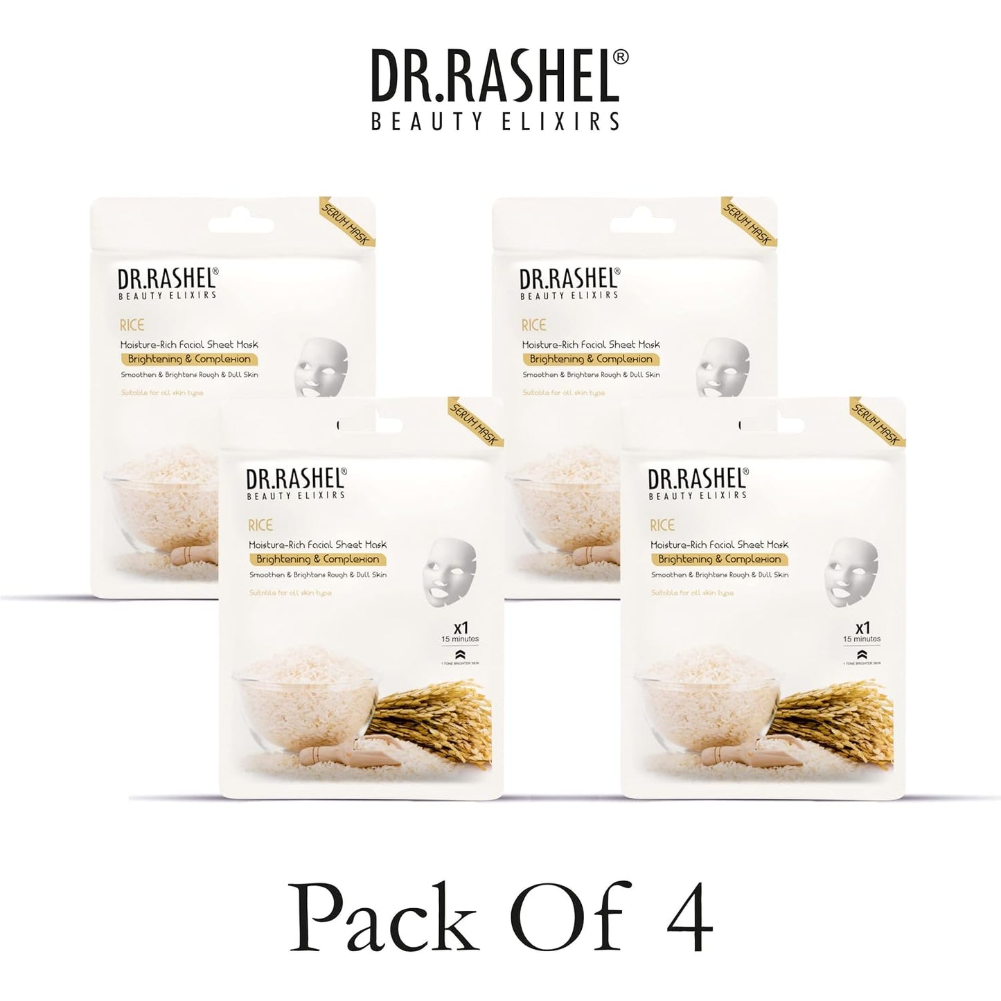 DR.RASHEL Rice Face Sheet Mask With Serum For Women and Men | All Skin Types | Soft and Healthy Skin | Deep Cleansing & Oil Control | Repairing & Nourishment | Soothing And Hydrating | Paraben Free | Pack Of 4 | 20 Grams Each