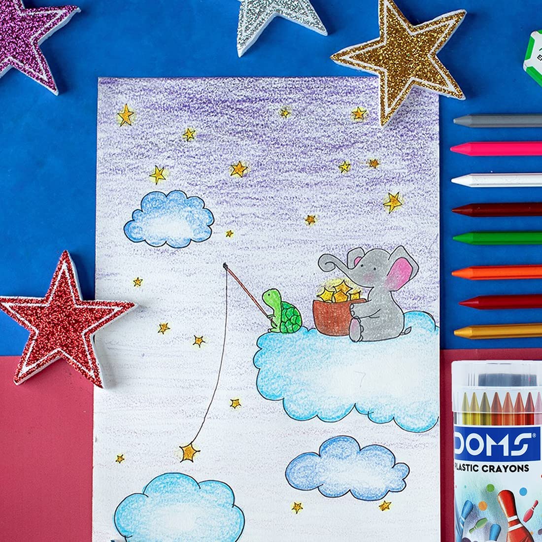 Doms 28 Shades Erasable Plastic Crayons Round Tin Box | Smooth & Even Shading | Bright & Playful Colors | Free Sharpner Inside | Non-Toxic & Safe For Childrens | Pack of 1