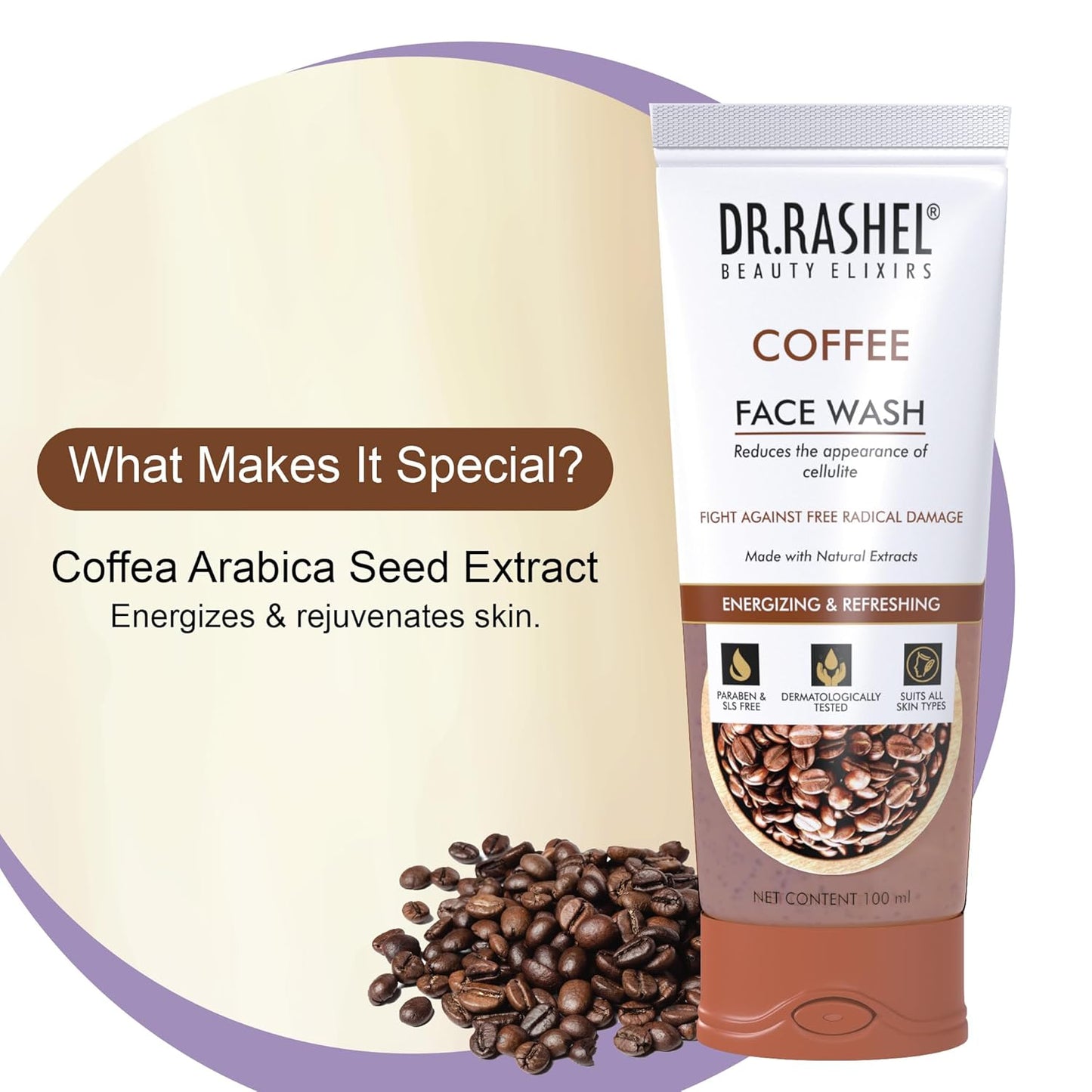 DR.RASHEL Coffee Face Wash For Men & Women Concentrate for Deep Cleansing & Clove Purifying With Active Coffee Beans Crushed And Natural Ingredients Suitable For All Skin Oily to Normal - 100 ML