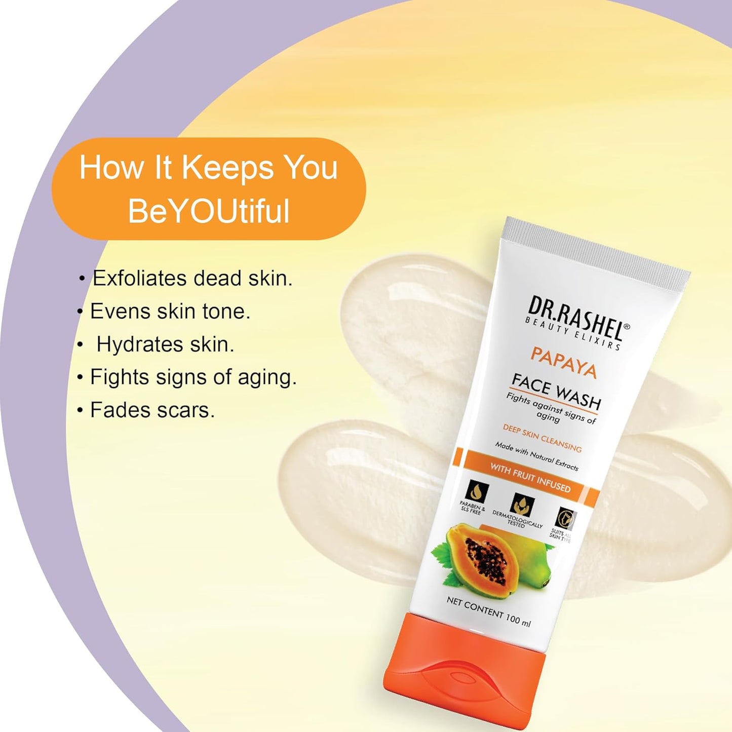 DR.RASHEL Papaya Face wash With Natural Papaya Extracts & Fruits Infused Facewash Deep cleansing and skin brightening for oily and dry skin - 100 ml