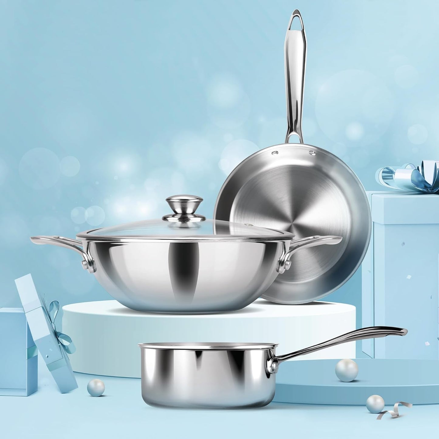 MILTON Pro cook Triply Induction Base Cookware Set Of 3 Stainless Steel |Sauce Pan 14 Cm, Fry 24 Kadhai Cm With Glass Lid Silver | Dishwasher Safe Food Flame