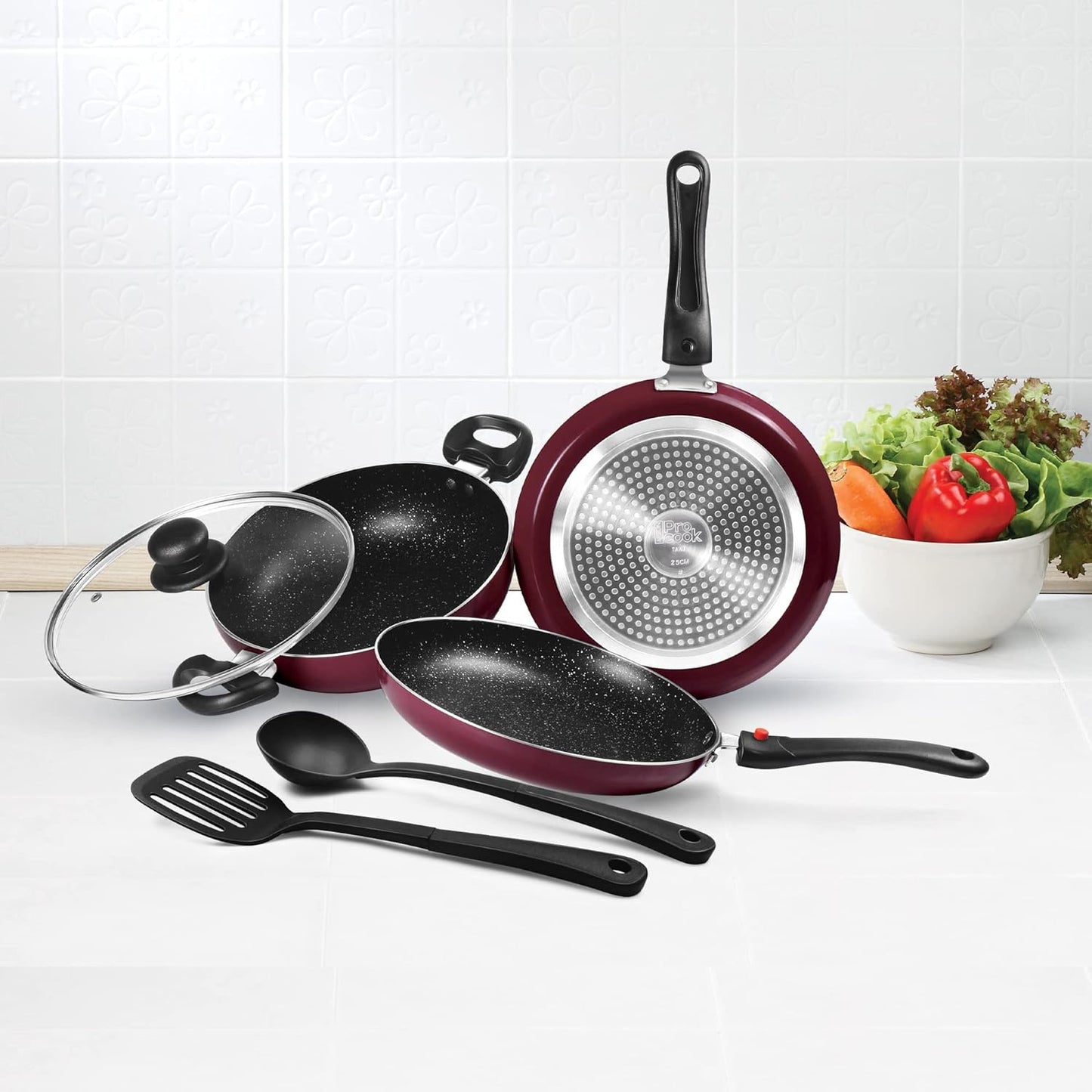 Milton Pro Cook Kitchen Jewel Set of 5, Peach (Fry pan 24 cm/1.6 litres; Kadhai 24 cm/2.5 litres with Glass lid; Tawa 25 cm) | Induction | Hot Plate | Flame Safe