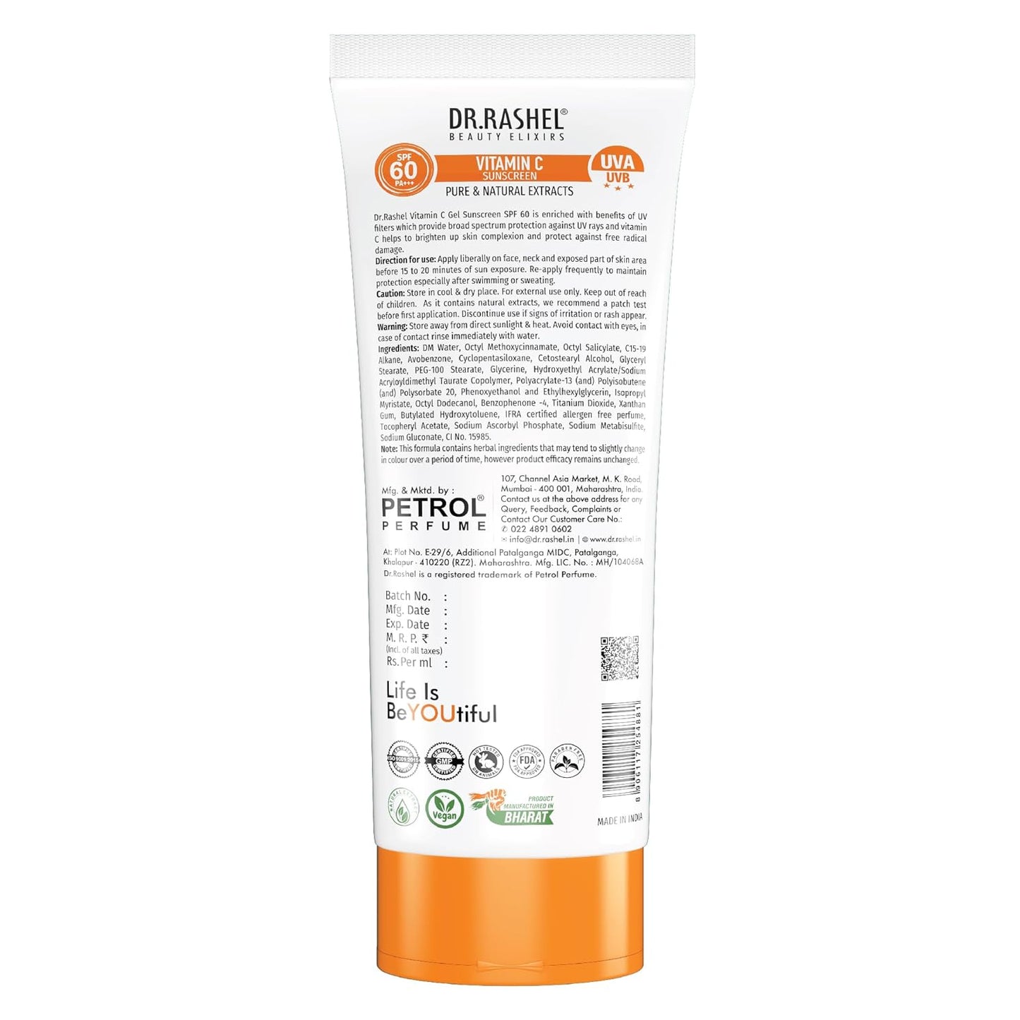 DR.RASHEL Vitamin C Sunscreen SPF 60 PA+++ Gel Ultra Hydrating Protects Your Skin From UV Rays With Matte Look Oil Control For Normal to Oily Skin Parabean Free – 100 ML