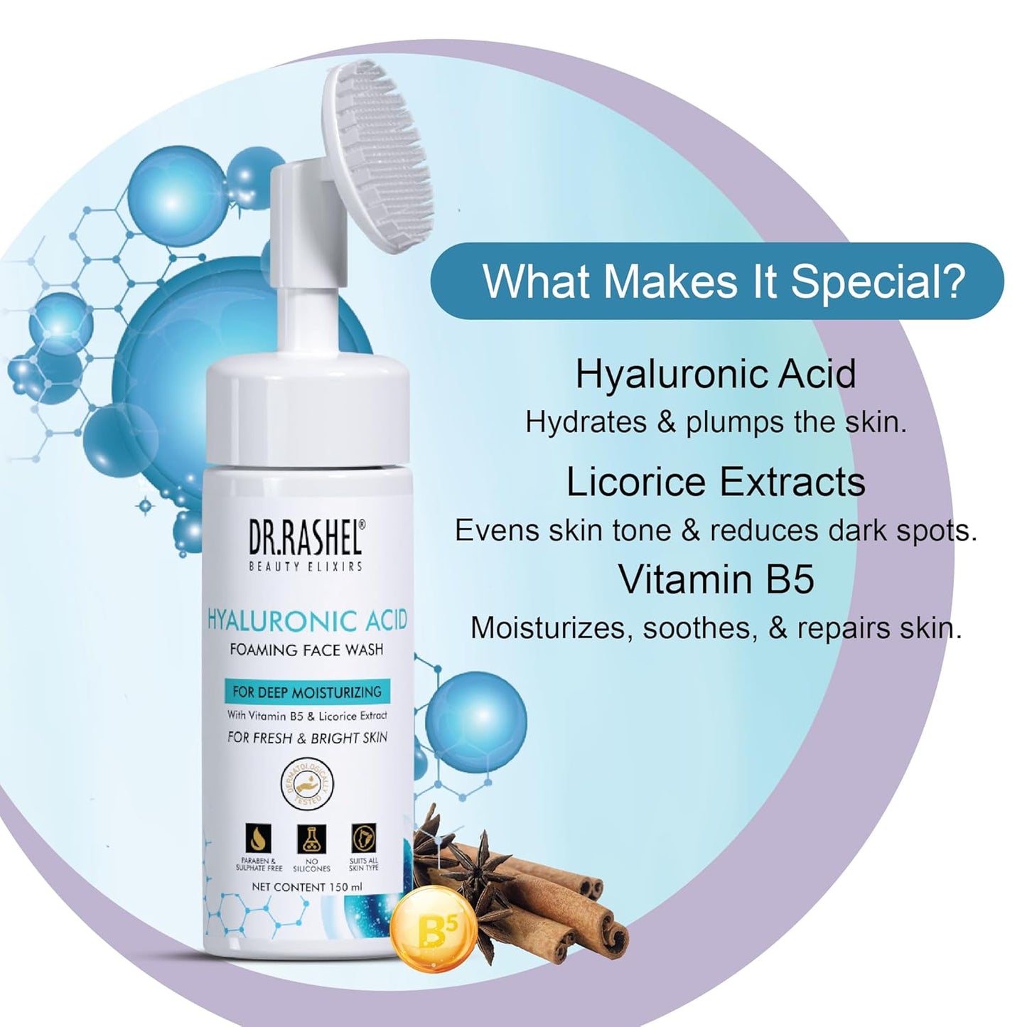 Dr.Rashel Hyaluronic Foaming Face Wash For Deep Moisturizing With Vitamin B5 & Licorice Extract For Fresh & Bright Skin (150 ml)