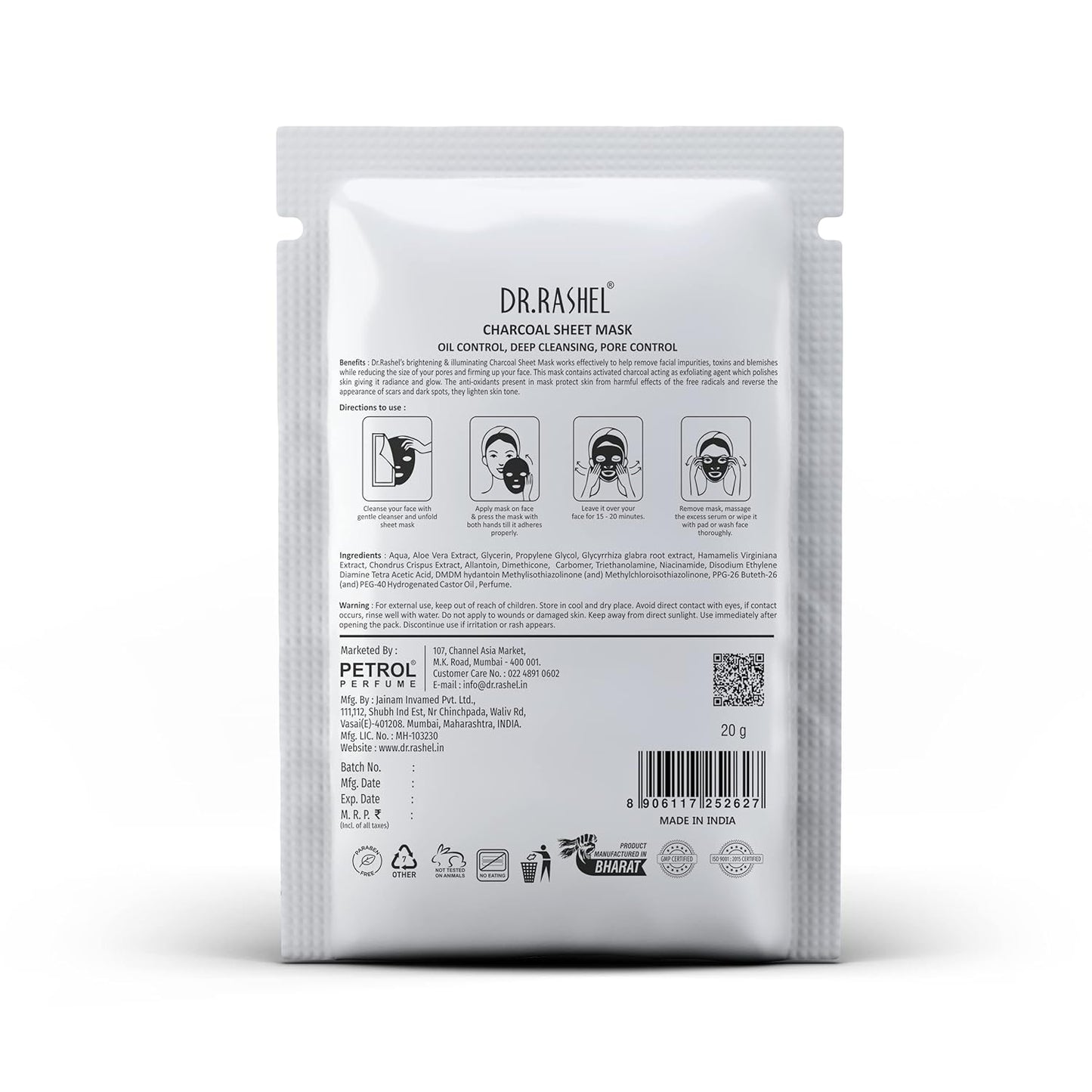 DR.RASHEL Charcoal Face Sheet Mask With Serum For Women and Men | All Skin Types | Soft and Healthy Skin | Deep Cleansing & Oil Control | Repairing & Nourishment | Soothing And Hydrating | Paraben Free | Pack Of 4 | 20 Grams Each