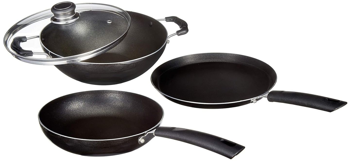 Solimo 3 Pcs Non Stick Cookware Set - Aluminium, Black