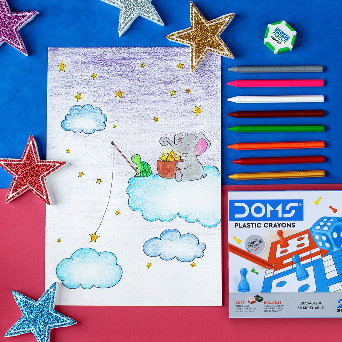 Doms Non-Toxic 28 Shades Super Smooth Plastic Crayons | Erasable & Sharpenable | 1 Eraser & 1 Sharpener Included | Pack of 1