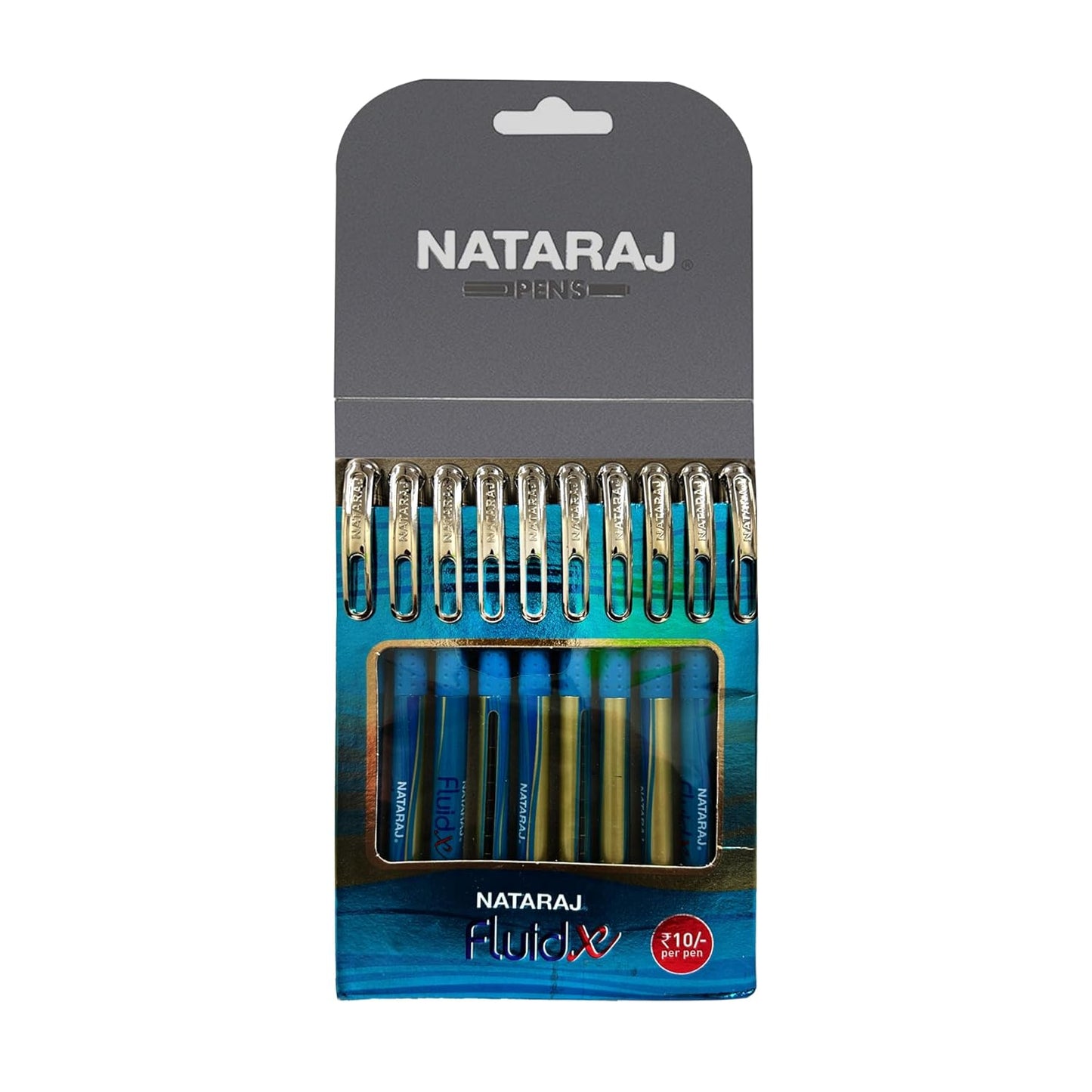Natraj Fluid X Ball Pens | Break-free Writing | Smooth Ink Flow | Non-slip Grip for Comfortable Writing | Smudge Proof on Papers | Firm Pocket Clip | Blue Colour Ink | School & Office | Pack of 10