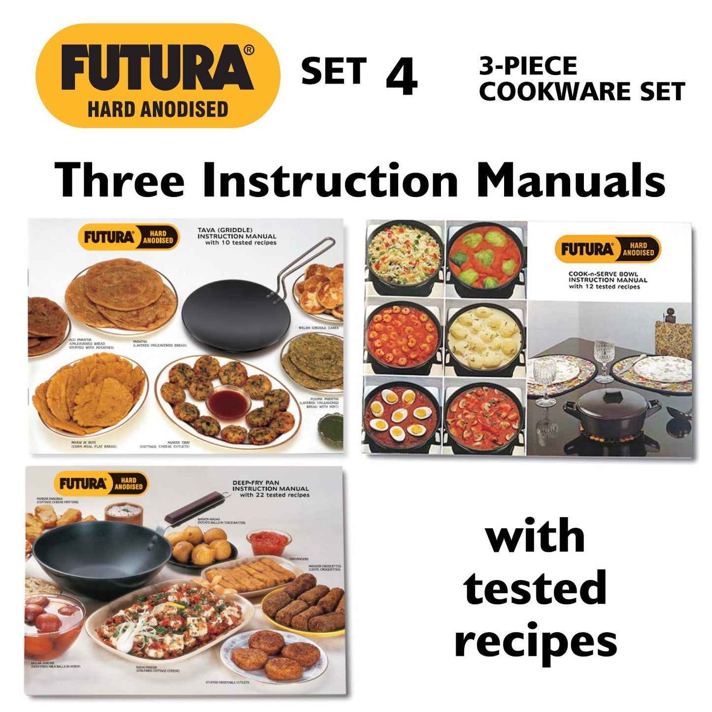 Hawkins Futura 3 Pieces Cookware Set 4 - Hard Anodised Tava, Kadhai, Cook-n-Serve Bowl with One Hard Anodised Lid, Black (ASET4)