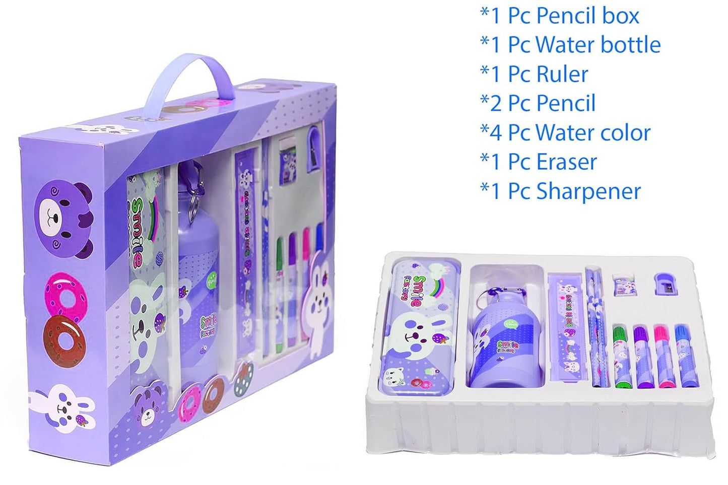 GJSHOP Mix Stationary Combo Gift Set for Kids, 1 Water Bottle | 1 Pencil Box | 2 Pencil | 1 Eraser | 1 Scale | 1 Sharpner | 4 Colour Sketch pens. (Blue)