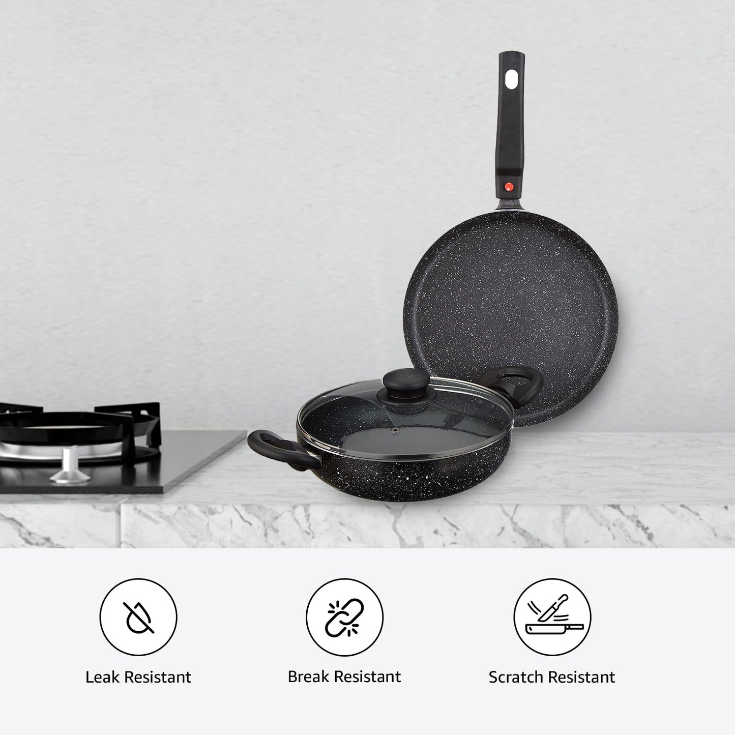 Solimo Aluminium 3 Piece Non-Stick Cookware Set Detachable Handle |Granite Finish | Induction Base | Pfoa Free | High Temperature Resistant Exterior Coating | Black