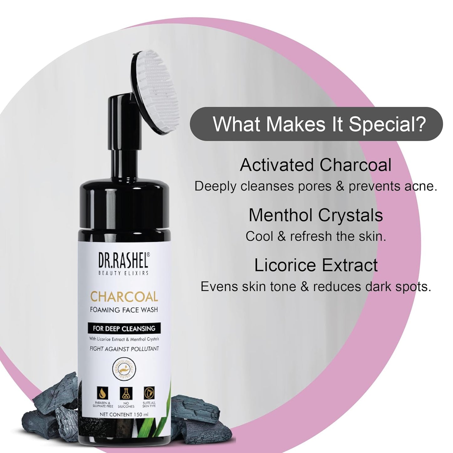 Dr.Rashel Charcoal Foaming Face Wash For Deep Cleansing With Licorice Extract & Menthol Crystals For Fight Against Pollutant (150 ml)