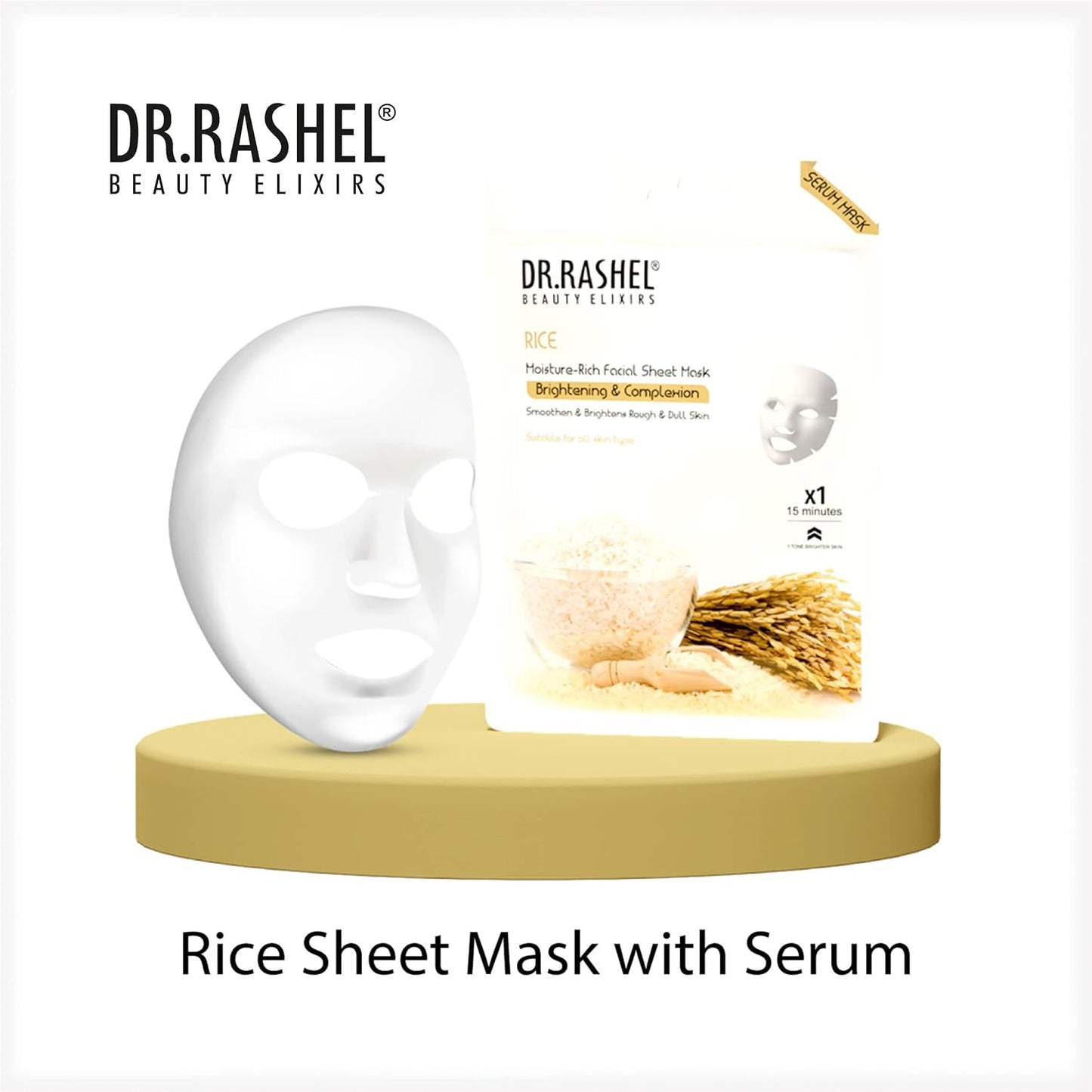 DR.RASHEL Rice Face Sheet Mask With Serum For Women and Men | All Skin Types | Soft and Healthy Skin | Deep Cleansing & Oil Control | Repairing & Nourishment | Soothing And Hydrating | Paraben Free | Pack Of 4 | 20 Grams Each