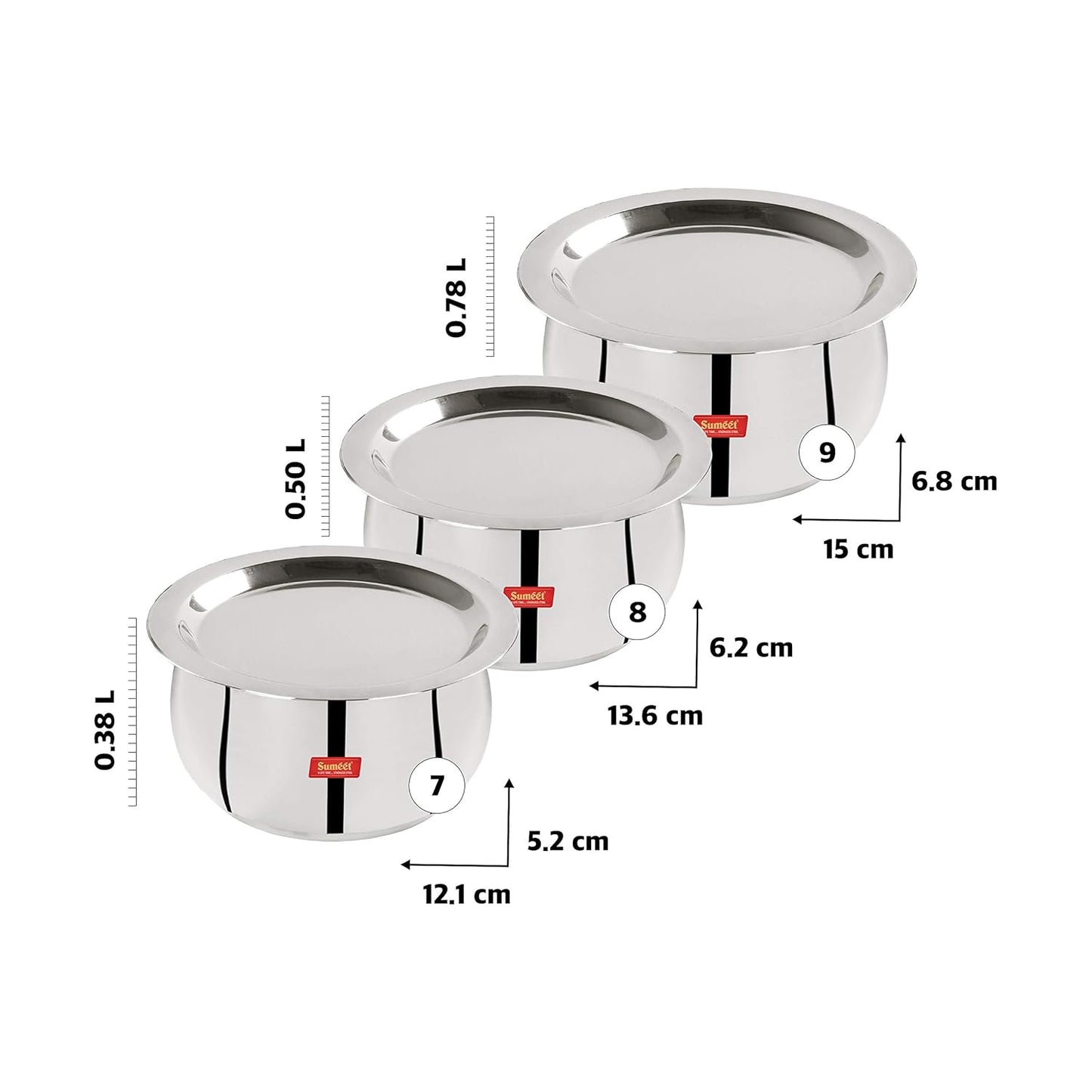 Sumeet Stainless Steel Belly Shape 3 Pc Tope/Cookware/Pot Set with Lid 380ML, 500ML, 780ML, (Silver)