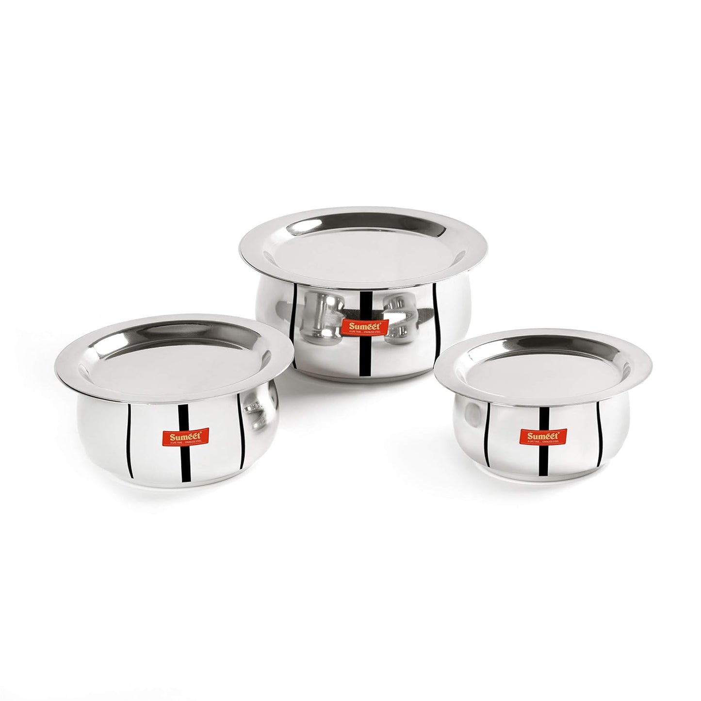 Sumeet Stainless Steel Belly Shape 3 Pc Tope/Cookware/Pot Set with Lid 380ML, 500ML, 780ML, (Silver)
