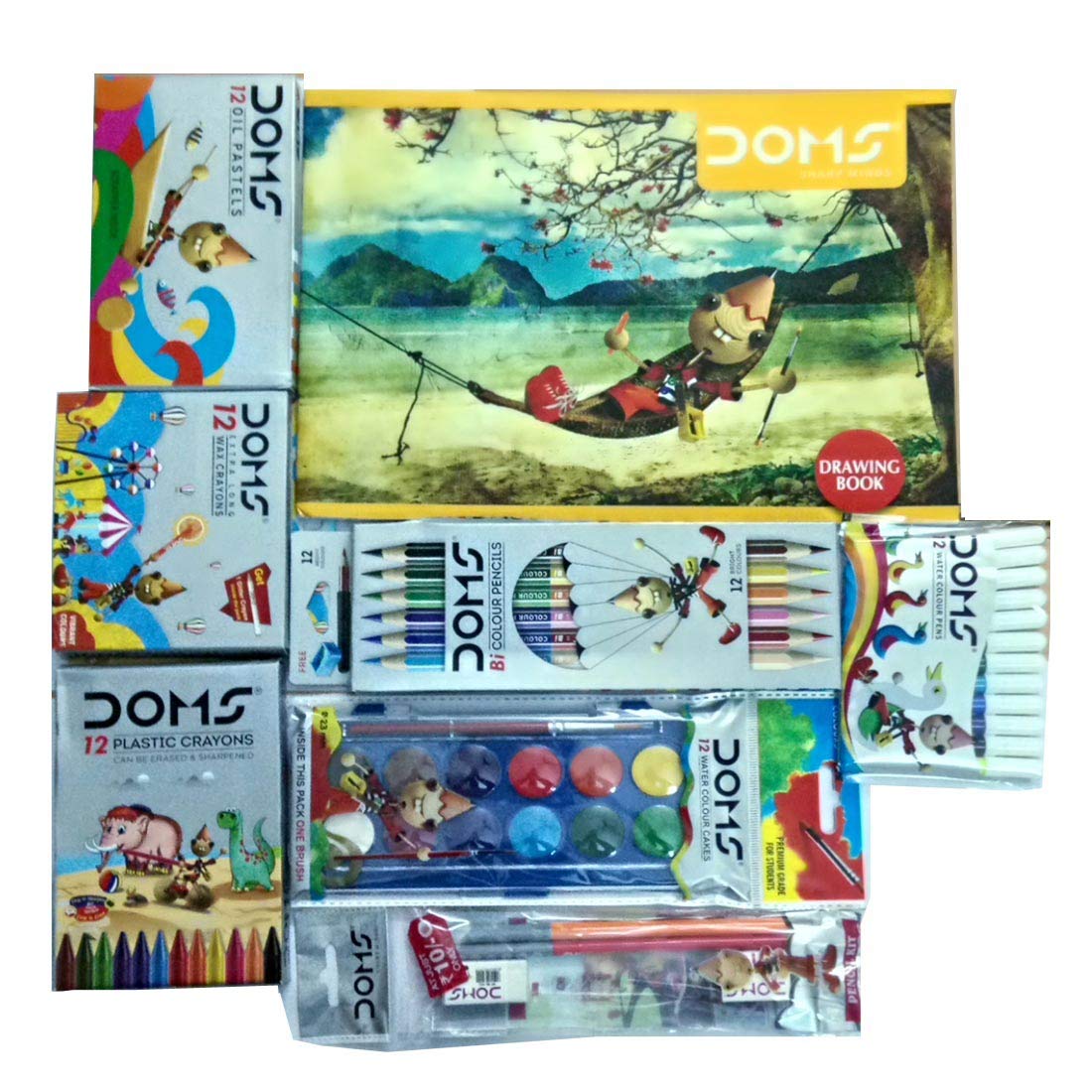 Doms Drawing Book + 12 Shade Water Colour Cakes + 12 Bicolour Pencils + 12 Oil Pastels + 12 Extra Long Wax Crayons + 12 Plastic Crayons + Pencil Kit, Multicolor