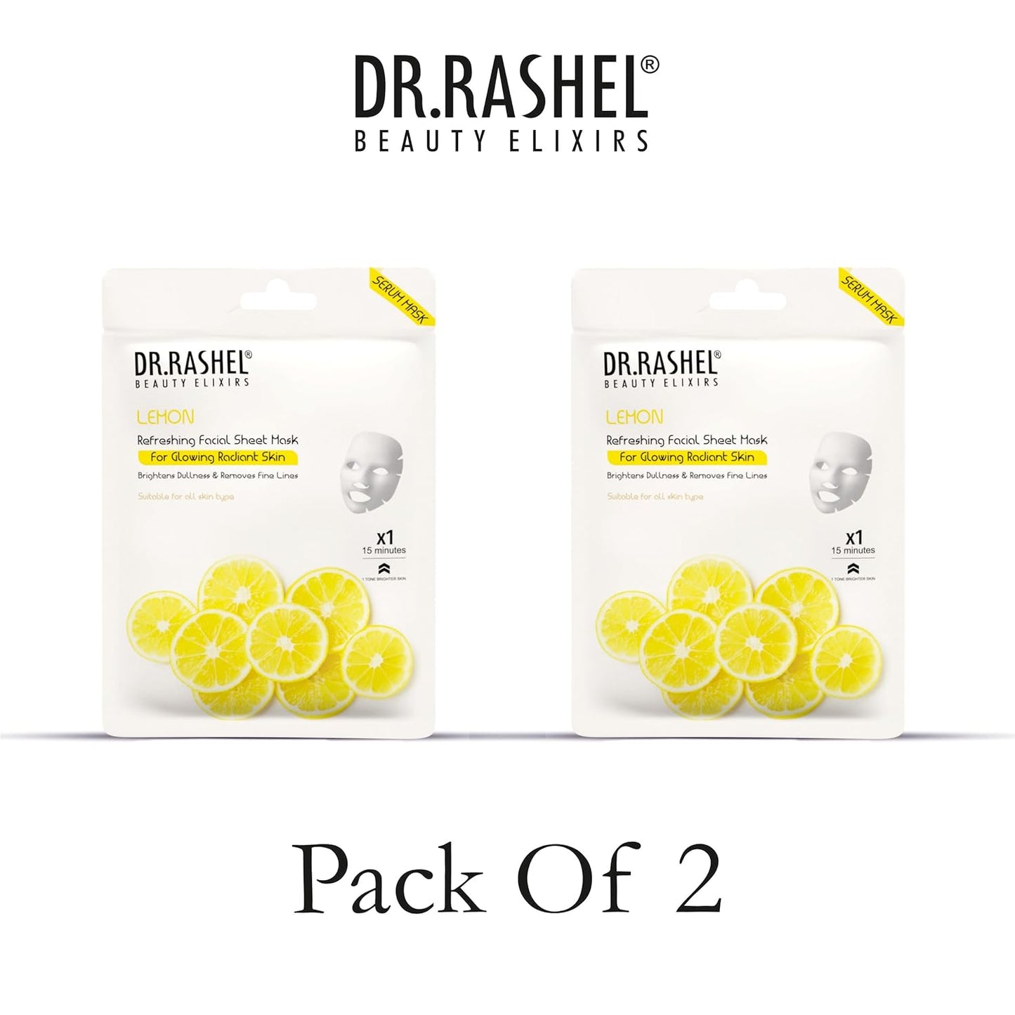 DR.RASHEL Lemon Face Sheet Mask With Serum For Women and Men | All Skin Types | Soft and Healthy Skin | Deep Cleansing & Oil Control | Repairing & Nourishment | Soothing And Hydrating | Paraben Free | Pack Of 2 | 20 Grams Each