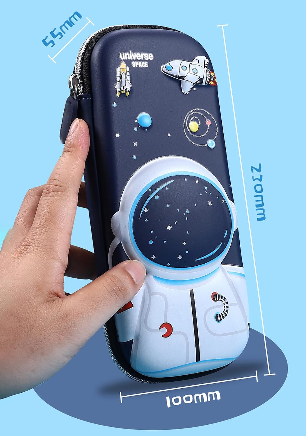 wolpin Ethylene Vinyl Acetate (EVA) 1Pc 3D Pencil Case, Large Capacity Pencil Pouch Bag For Boys & Girls Students With Zip Closure Portable Stationery Bag Organizer Eva, Space Blue
