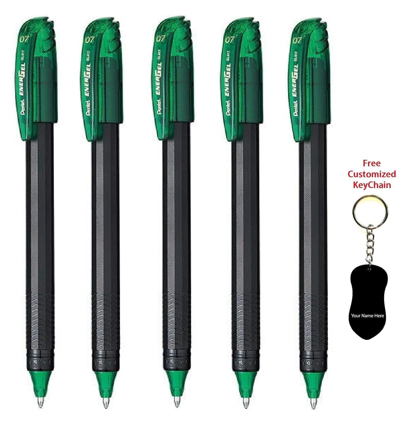 Pentel EnerGel BL-417, Green ink Pen, Combo of 05pcs, Roller Gel Pen, 0.7mm Medium Point, (Made In Japan), Cap-Off Mechanism (Free Key-Chain)