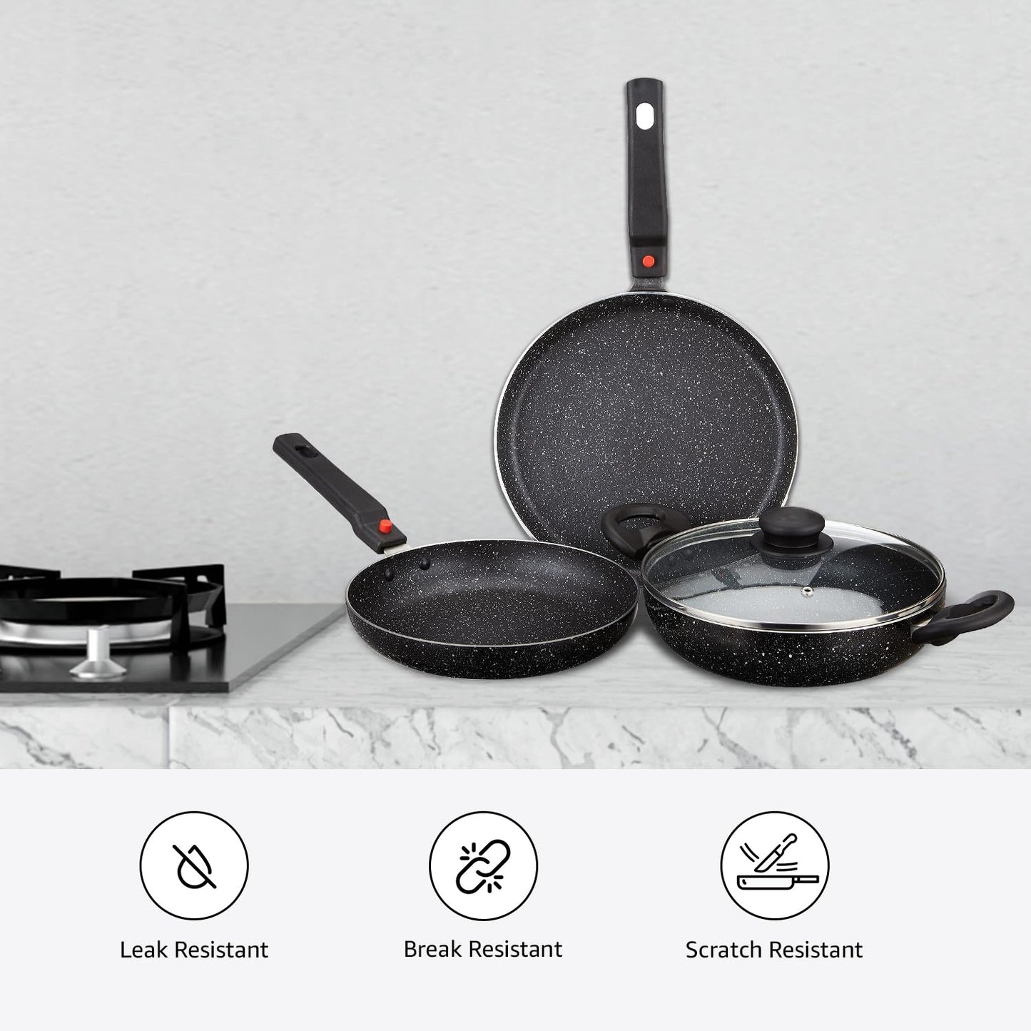 Solimo Aluminium 4 Piece Non-Stick Cookware Set with Detachable Handle | Granite Finish | Induction Base | Pfoa Free | HTR Exterior Coating | Black