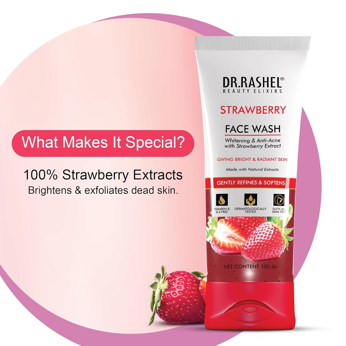 DR.RASHEL Strawberry Face Wash with Strawberry Extract for all Skin Type | Natural Face Wash For Anti-Acne & whitening Skin with No Parabens, SLS, Silicones & Colour (100 ml)